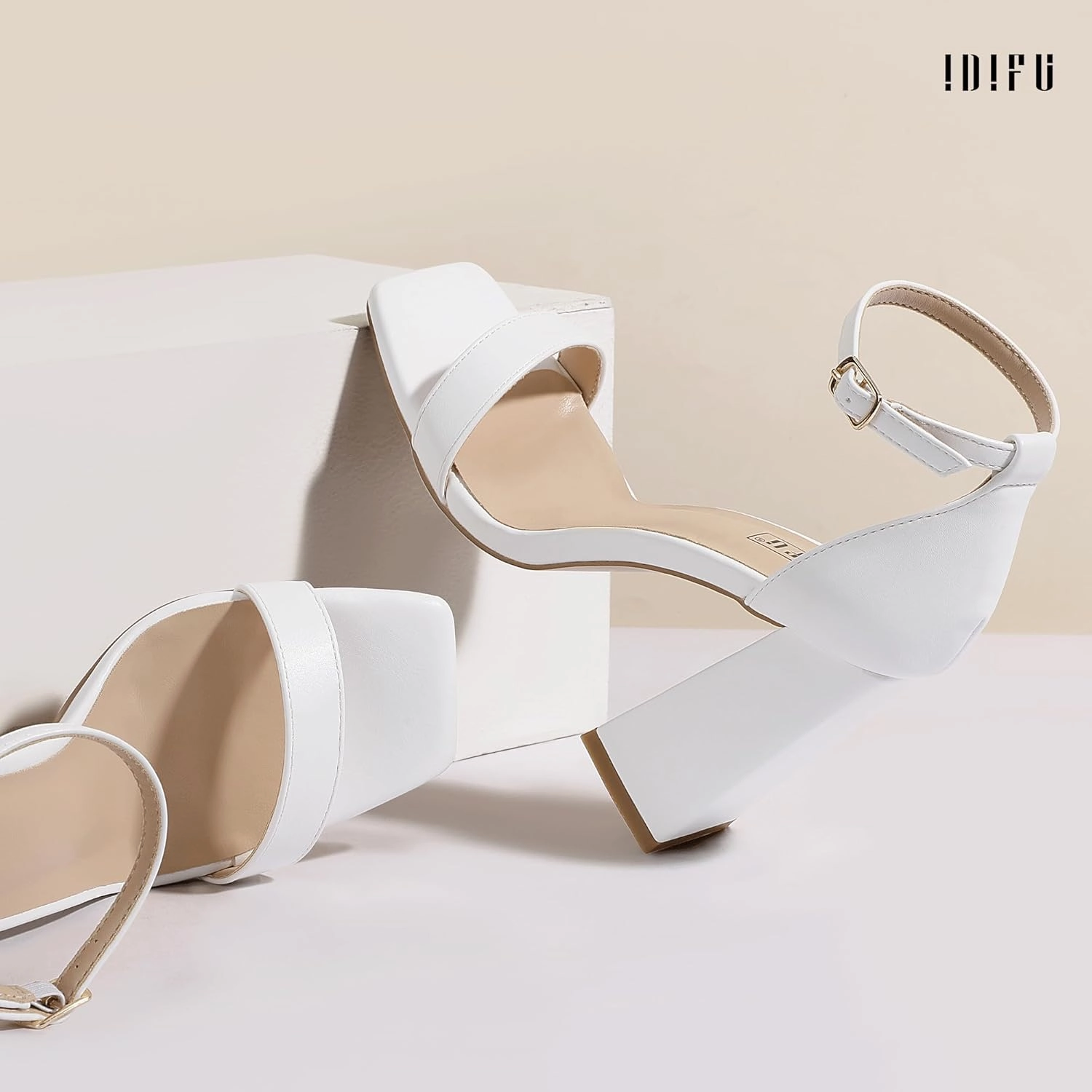 IDIFU IN4 Chunky High Heels for Women Block Thick Square Open Toe Ankle Strap Heeled Sandals Wedding Bride Prom Dance Graduation Dress Shoes Comfortable Sexy Cute Trendy Summer Casual Dressy Heels