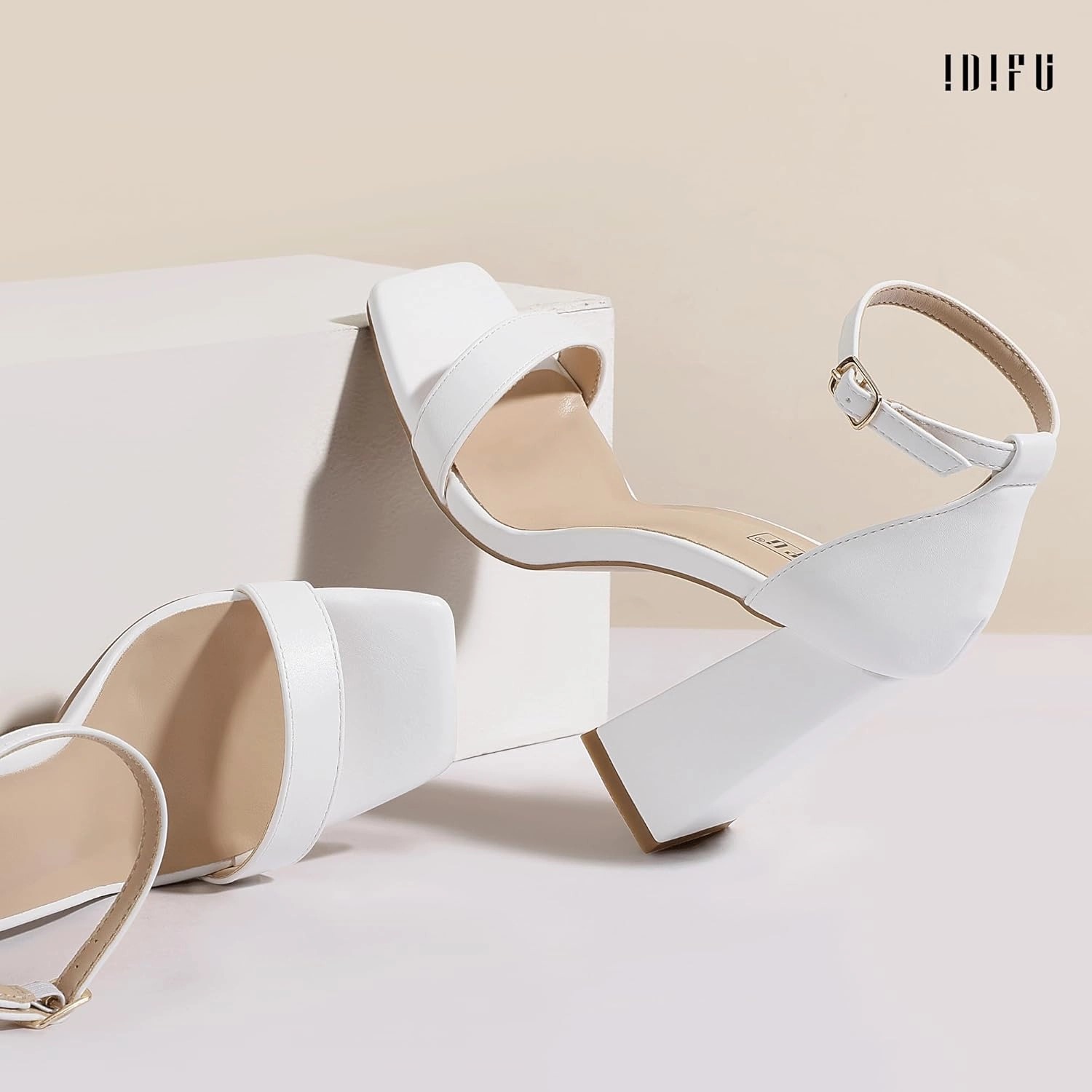 IDIFU IN4 Chunky High Heels for Women Block Thick Square Open Toe Ankle Strap Heeled Sandals Wedding Bride Prom Dance Graduation Dress Shoes Comfortable Sexy Cute Trendy Summer Casual Dressy Heels