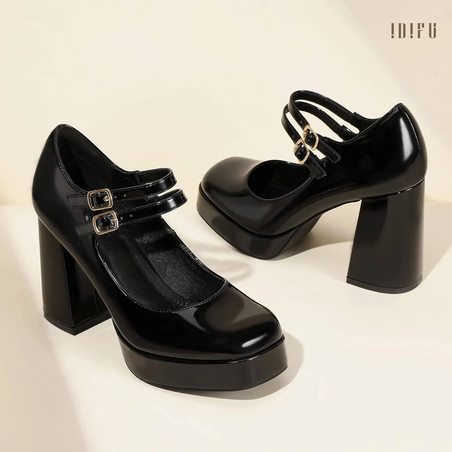 IDIFU IN4 Mary Jane Shoes Platform Chunky High Heels Closed Toe Dress Shoes for Women Wedding Work Business Homecoming Party Shoes Comfortable Casual Dressy Square Toe Heels Pumps