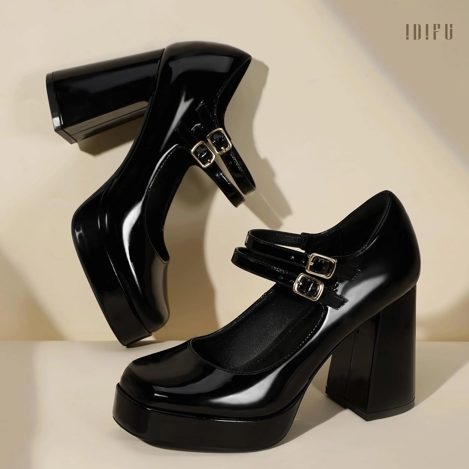 IDIFU IN4 Mary Jane Shoes Platform Chunky High Heels Closed Toe Dress Shoes for Women Wedding Work Business Homecoming Party Shoes Comfortable Casual Dressy Square Toe Heels Pumps