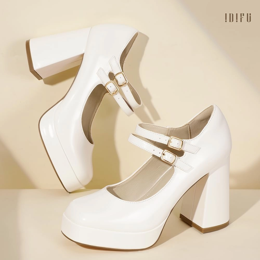 IDIFU IN4 Mary Jane Shoes Platform Chunky High Heels Closed Toe Dress Shoes for Women Wedding Work Business Homecoming Party Shoes Comfortable Casual Dressy Square Toe Heels Pumps