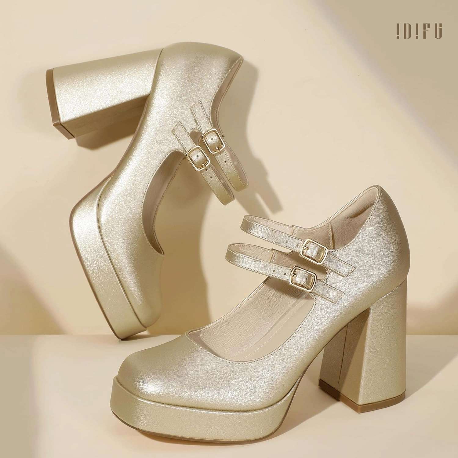 IDIFU IN4 Mary Jane Shoes Platform Chunky High Heels Closed Toe Dress Shoes for Women Wedding Work Business Homecoming Party Shoes Comfortable Casual Dressy Square Toe Heels Pumps