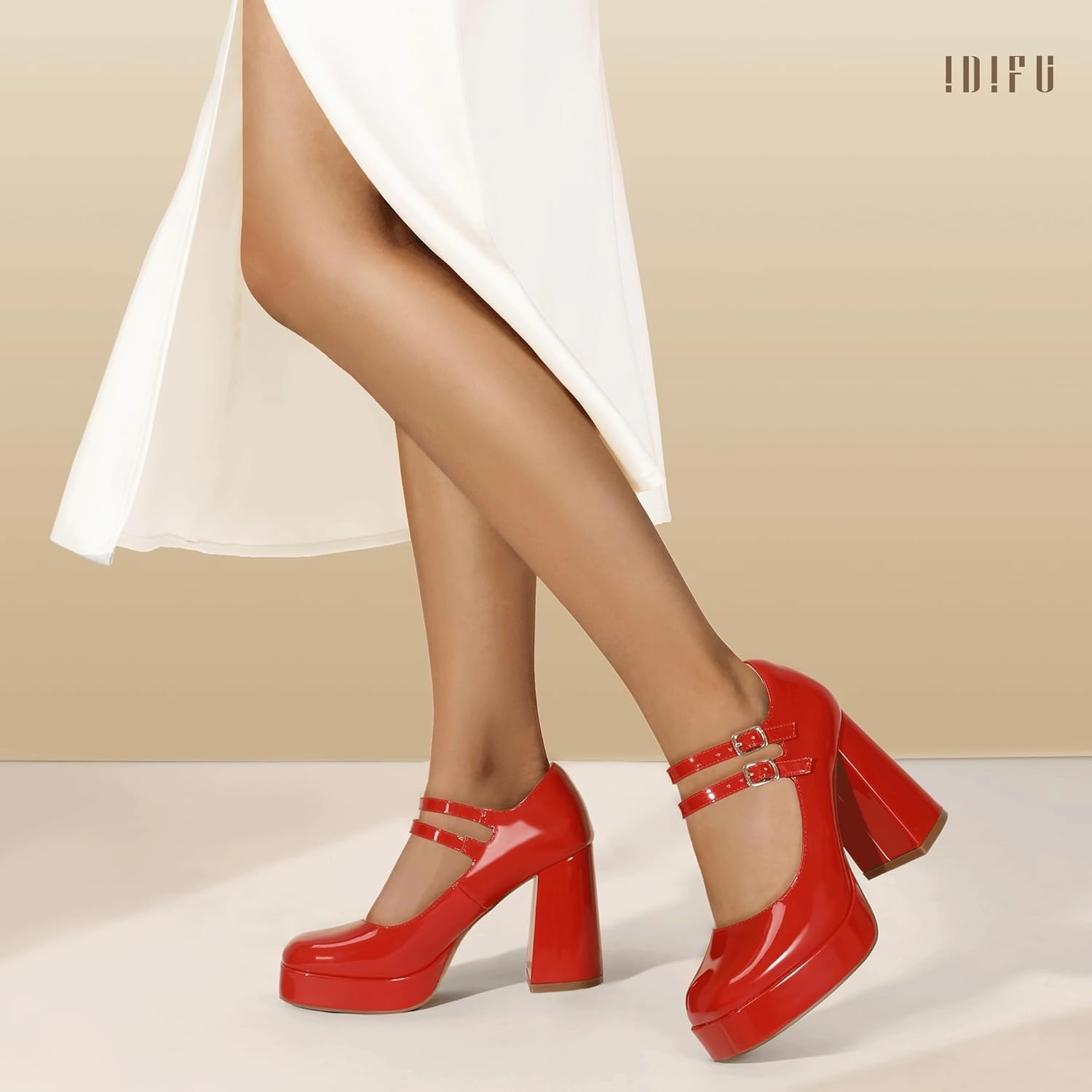 IDIFU IN4 Mary Jane Shoes Platform Chunky High Heels Closed Toe Dress Shoes for Women Wedding Work Business Homecoming Party Shoes Comfortable Casual Dressy Square Toe Heels Pumps