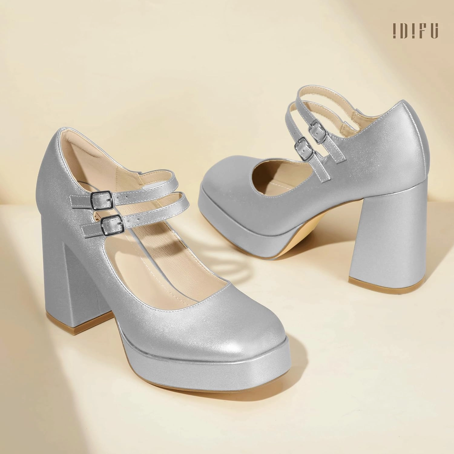 IDIFU IN4 Mary Jane Shoes Platform Chunky High Heels Closed Toe Dress Shoes for Women Wedding Work Business Homecoming Party Shoes Comfortable Casual Dressy Square Toe Heels Pumps