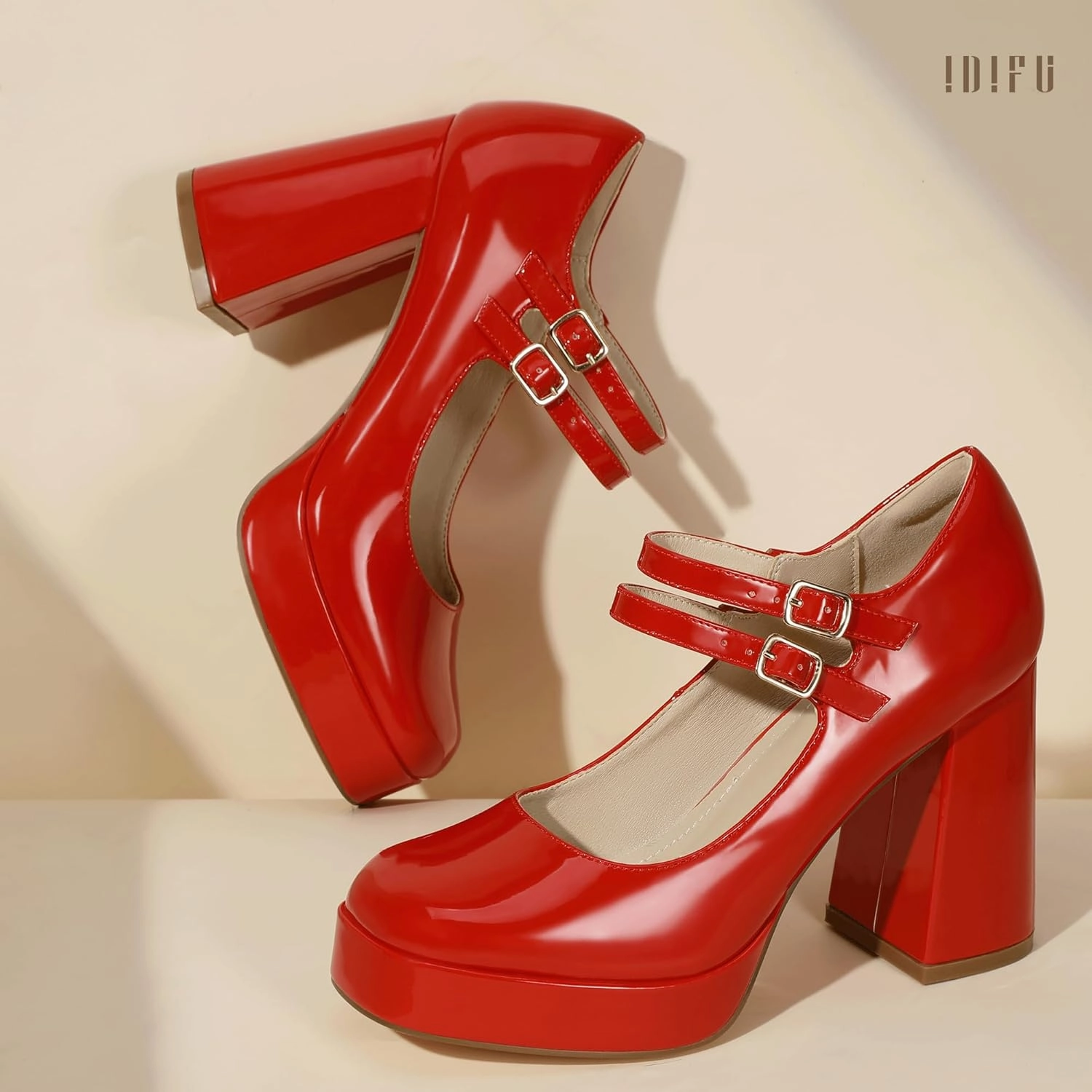 IDIFU IN4 Mary Jane Shoes Platform Chunky High Heels Closed Toe Dress Shoes for Women Wedding Work Business Homecoming Party Shoes Comfortable Casual Dressy Square Toe Heels Pumps
