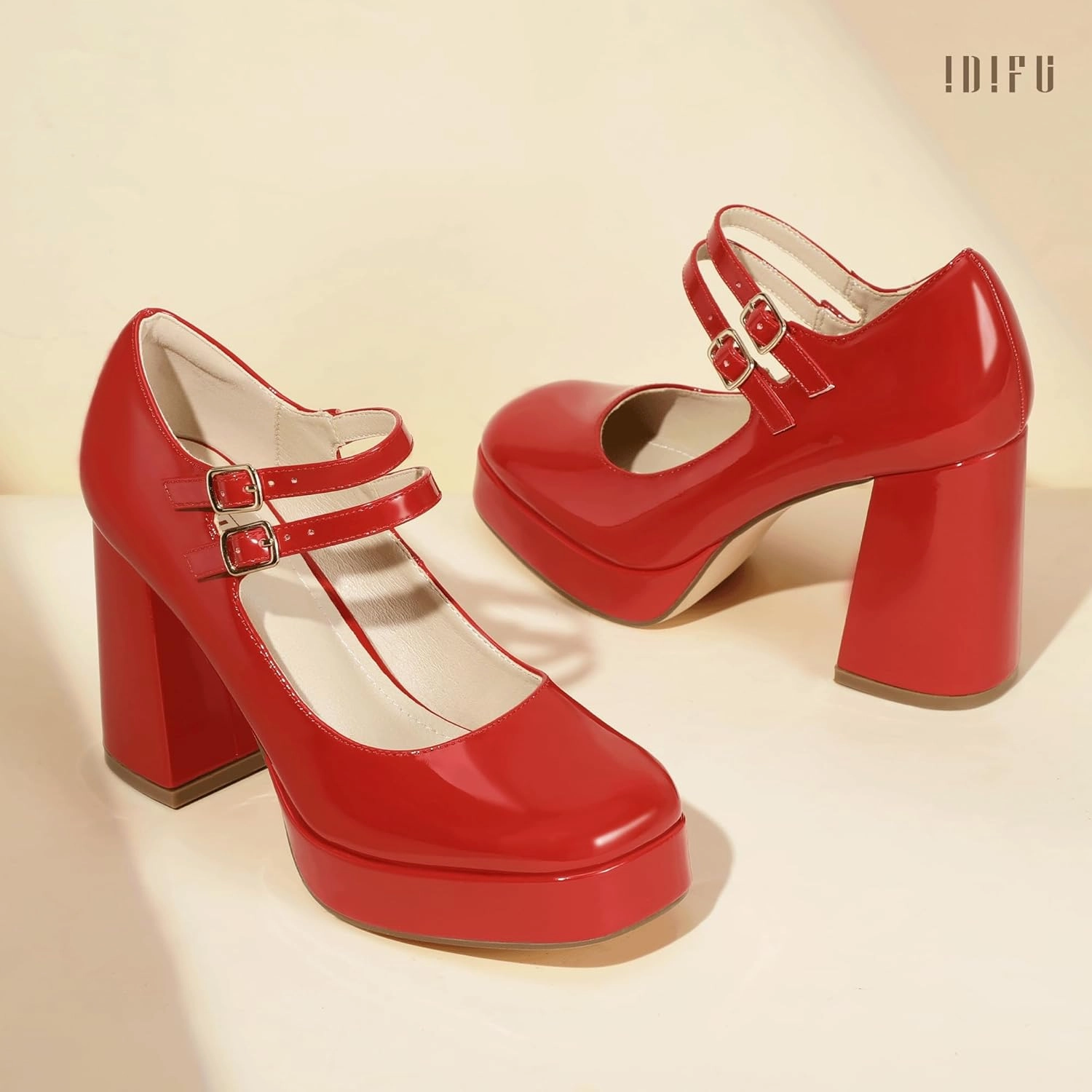 IDIFU IN4 Mary Jane Shoes Platform Chunky High Heels Closed Toe Dress Shoes for Women Wedding Work Business Homecoming Party Shoes Comfortable Casual Dressy Square Toe Heels Pumps