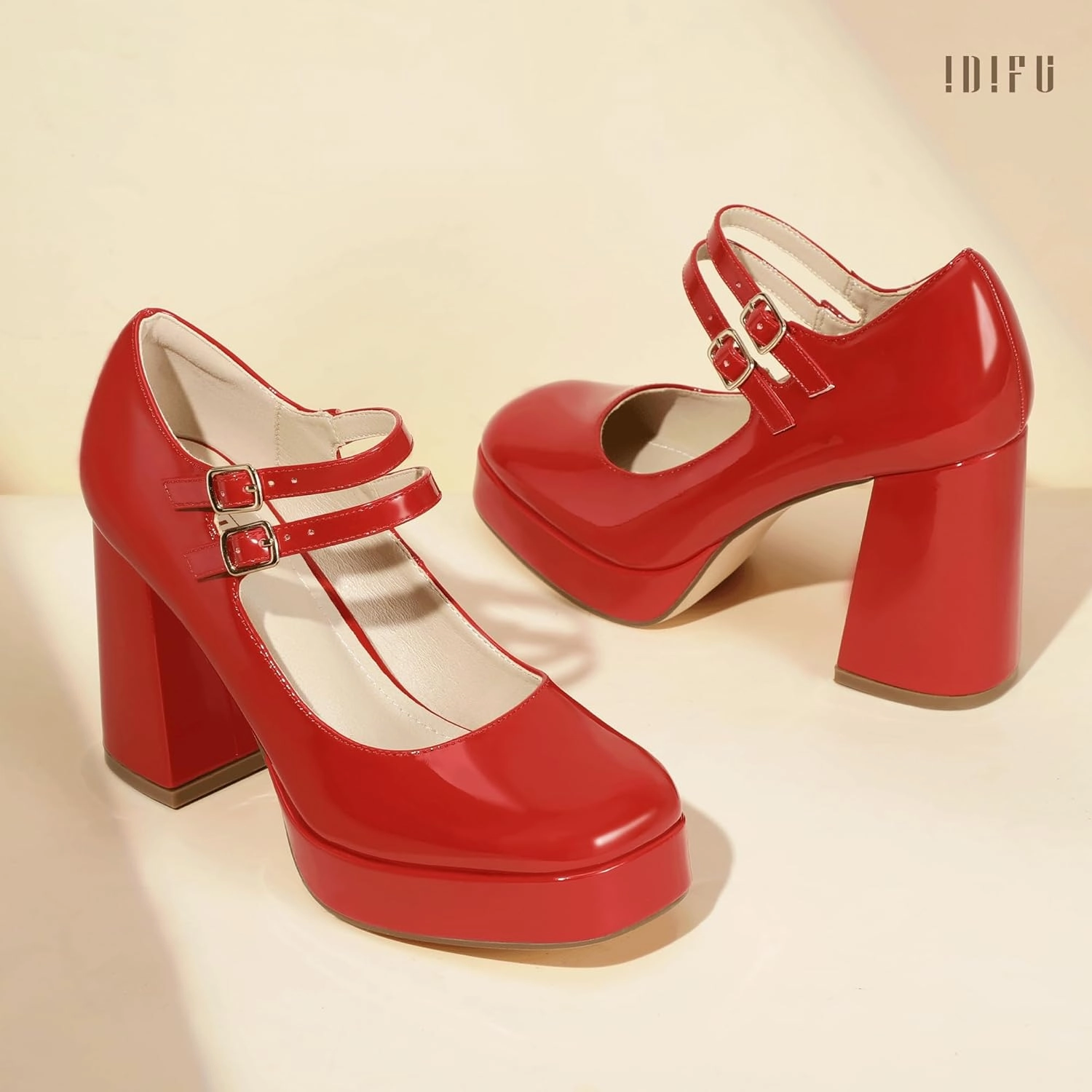 IDIFU IN4 Mary Jane Shoes Platform Chunky High Heels Closed Toe Dress Shoes for Women Wedding Work Business Homecoming Party Shoes Comfortable Casual Dressy Square Toe Heels Pumps