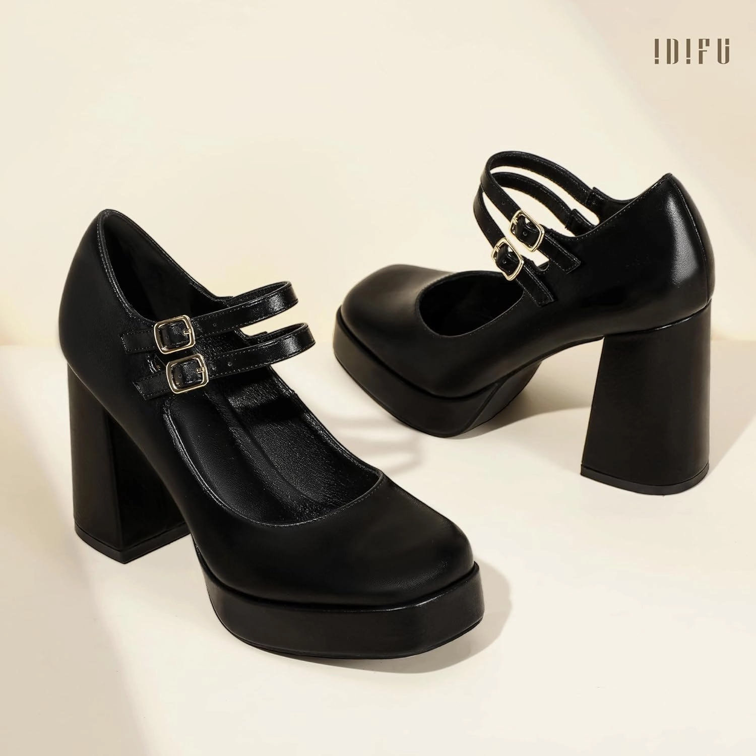 IDIFU IN4 Mary Jane Shoes Platform Chunky High Heels Closed Toe Dress Shoes for Women Wedding Work Business Homecoming Party Shoes Comfortable Casual Dressy Square Toe Heels Pumps