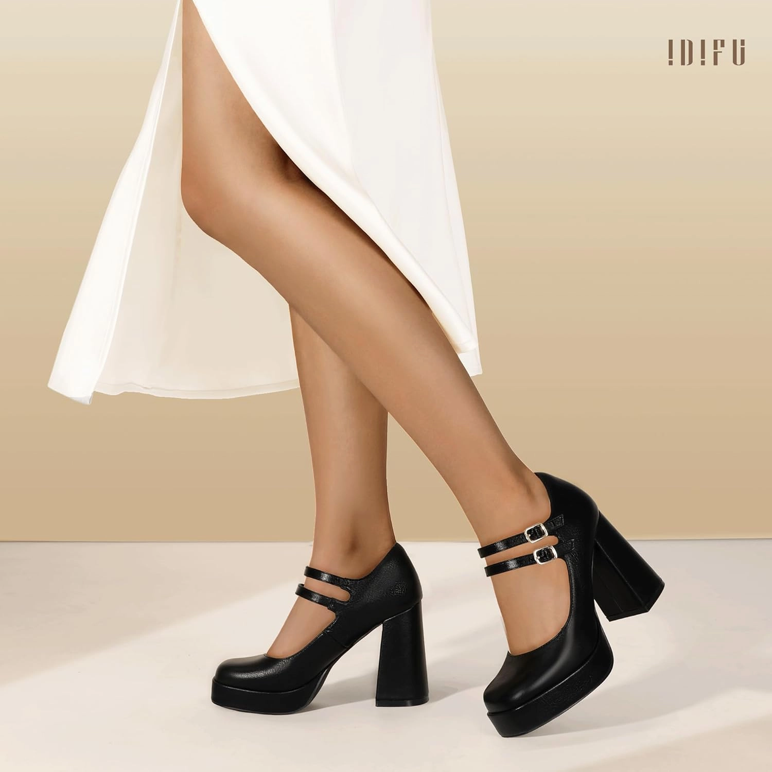 IDIFU IN4 Mary Jane Shoes Platform Chunky High Heels Closed Toe Dress Shoes for Women Wedding Work Business Homecoming Party Shoes Comfortable Casual Dressy Square Toe Heels Pumps