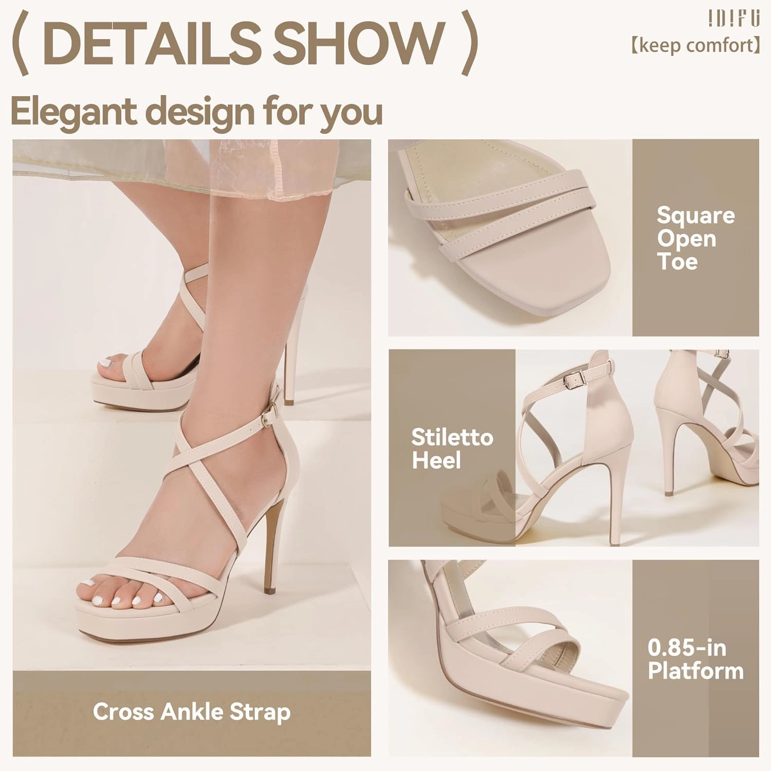 IDIFU IN4 Platform High Heels for Women Strappy Heeled Sandals Square Toe Heels Stiletto Heels Women's Wedding Party Bridal Sexy Dress Shoes Open Toe Heels