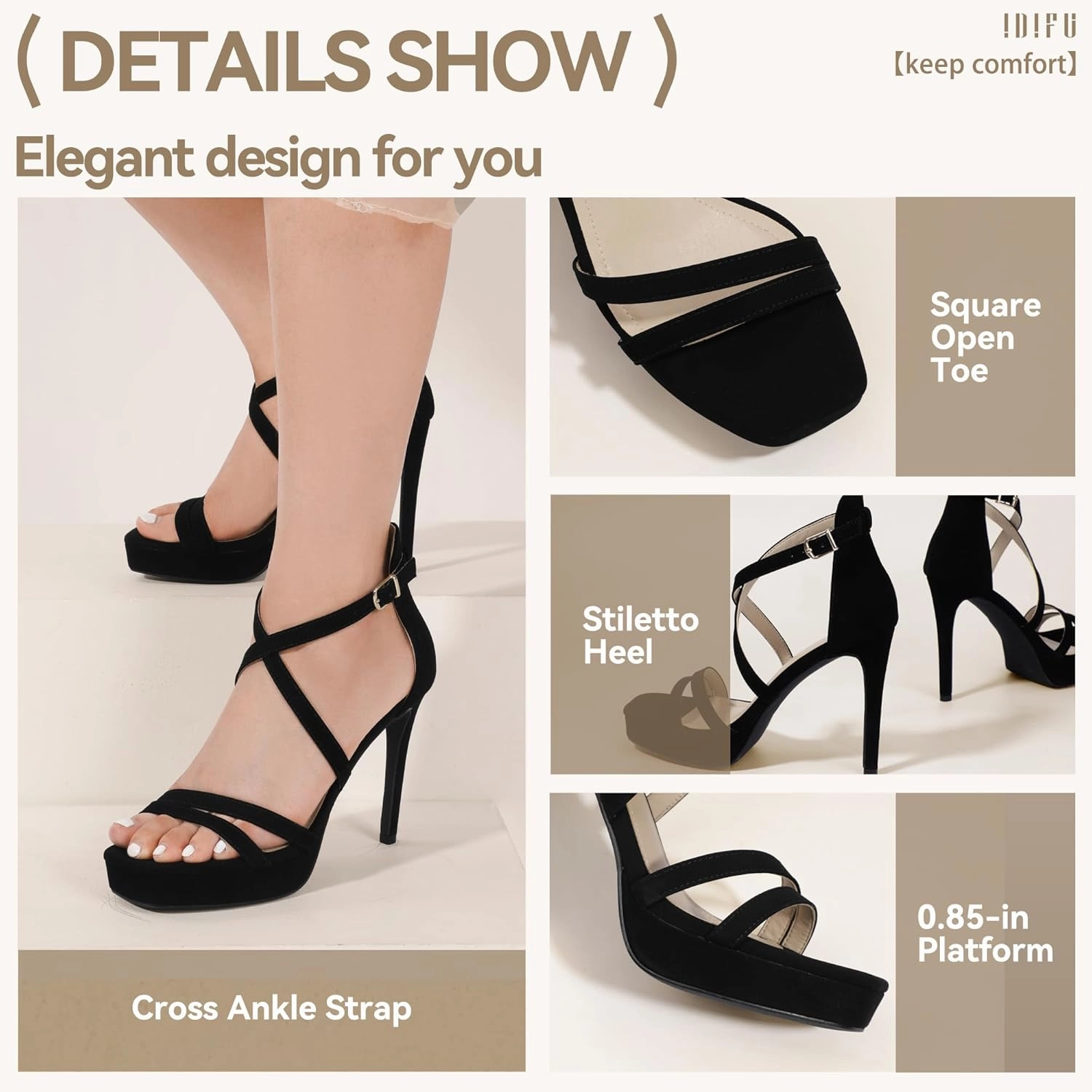 IDIFU IN4 Platform High Heels for Women Strappy Heeled Sandals Square Toe Heels Stiletto Heels Women's Wedding Party Bridal Sexy Dress Shoes Open Toe Heels