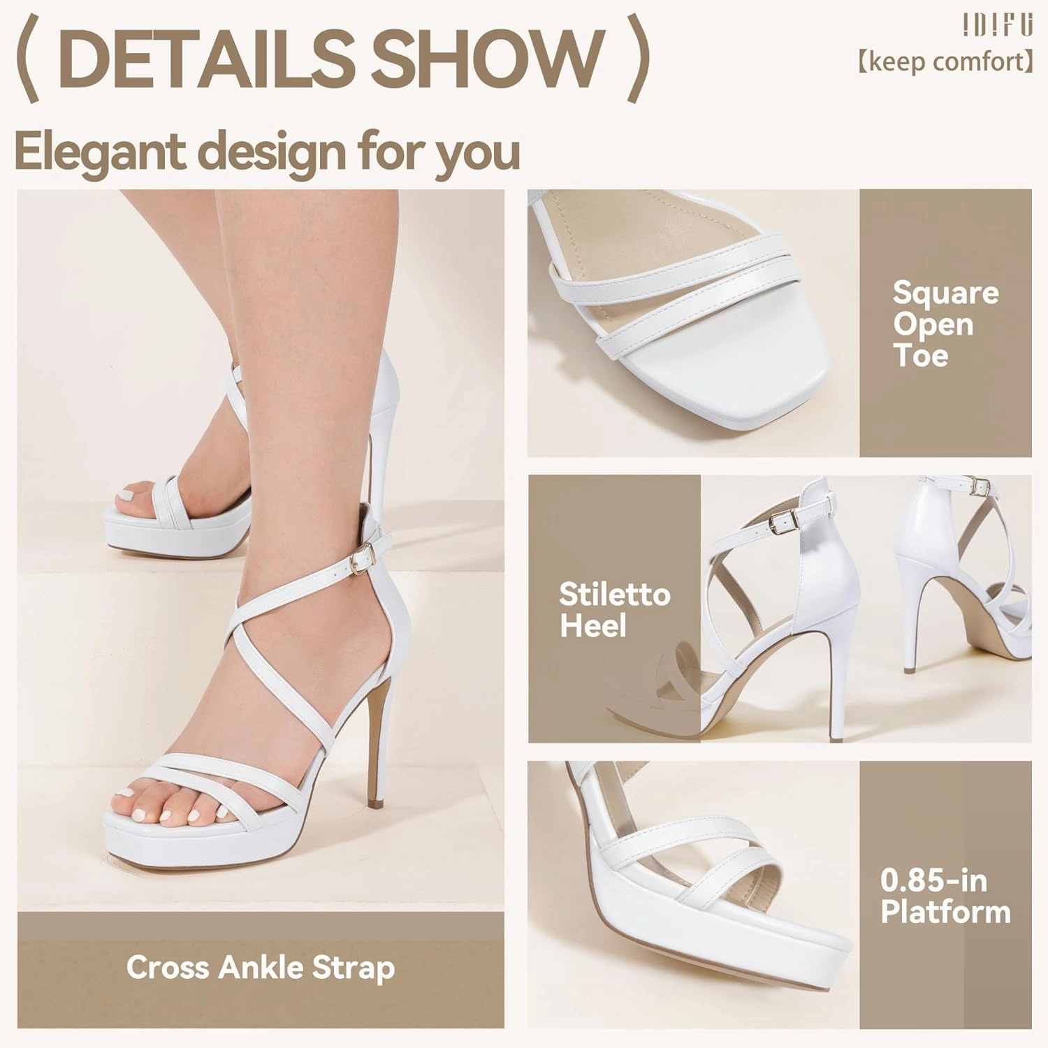 IDIFU IN4 Platform High Heels for Women Strappy Heeled Sandals Square Toe Heels Stiletto Heels Women's Wedding Party Bridal Sexy Dress Shoes Open Toe Heels