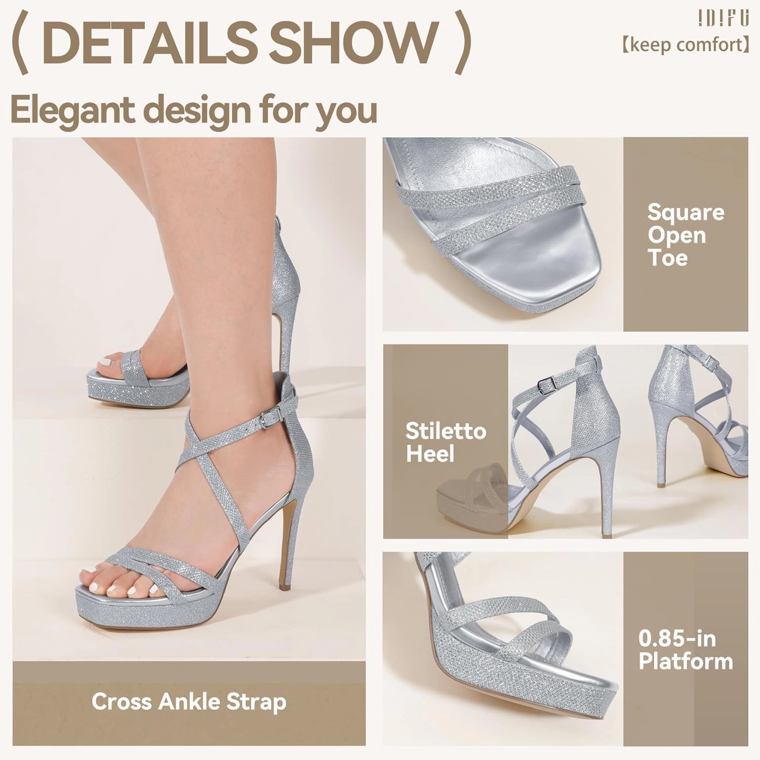IDIFU IN4 Platform High Heels for Women Strappy Heeled Sandals Square Toe Heels Stiletto Heels Women's Wedding Party Bridal Sexy Dress Shoes Open Toe Heels