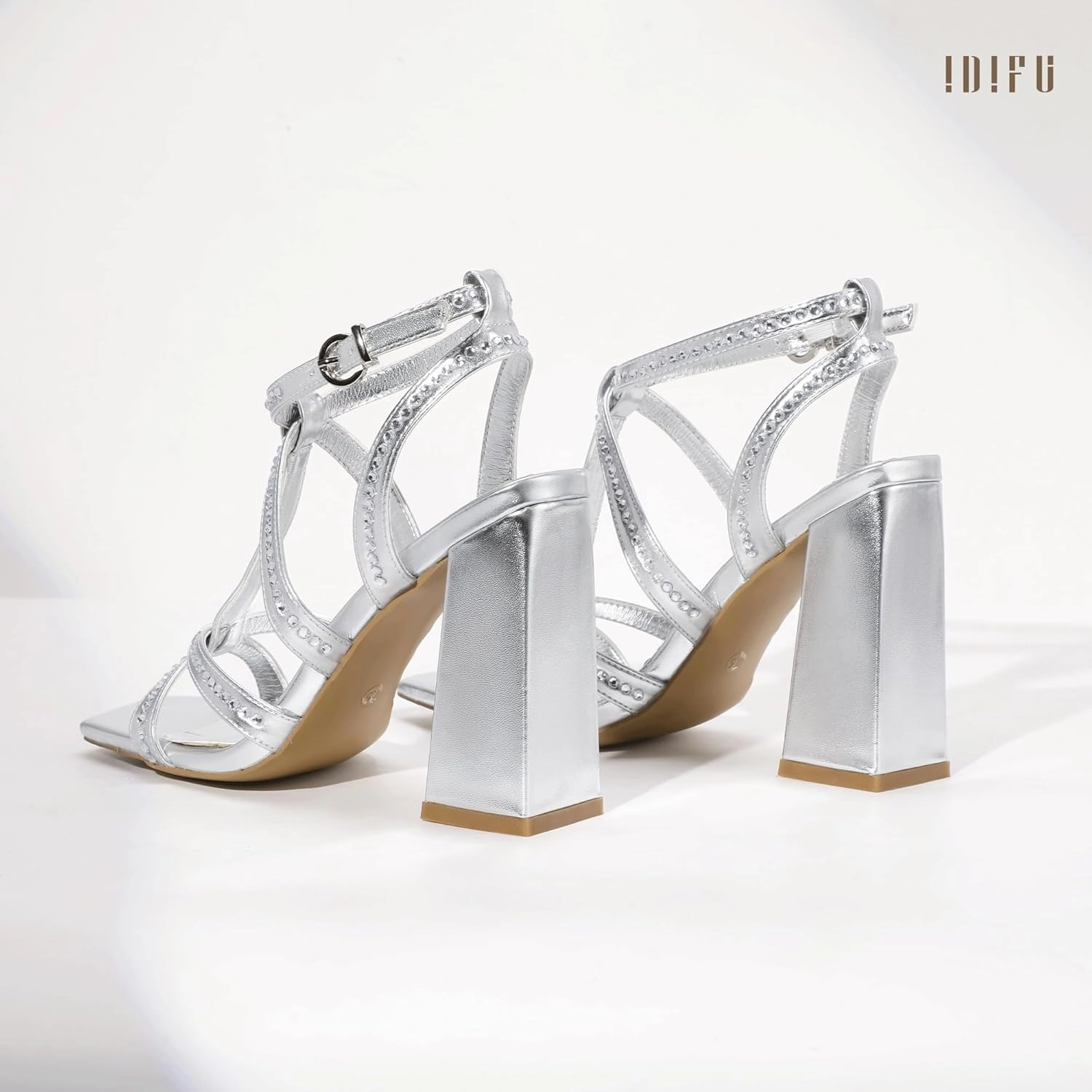 IDIFU IN4 Rhinestone Heels for Women Strappy High Chunky Block Heels Square Toe Slingback Dress Shoes Wedding Bridal Prom Party Heeled Sandals Dressy Sexy Sparkly Thick Heels