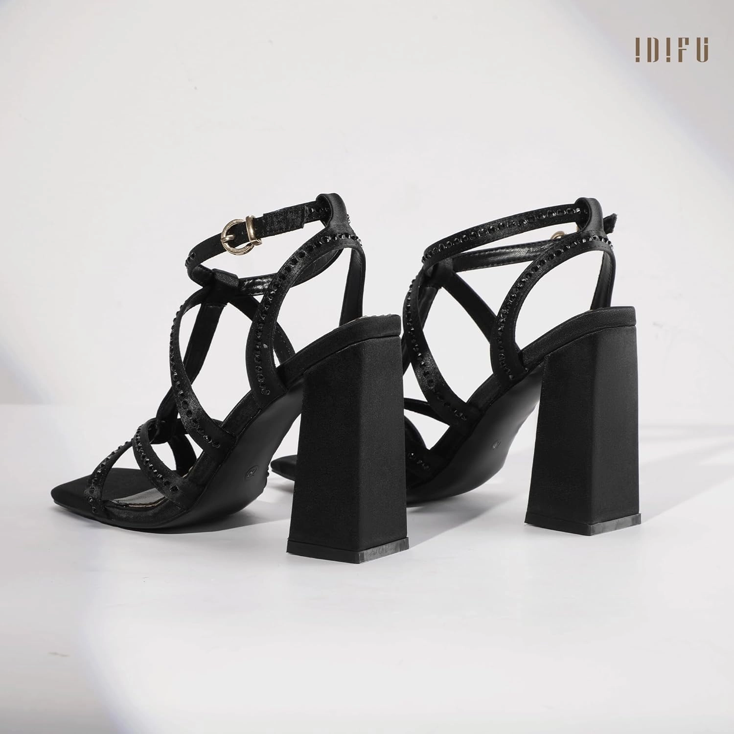 IDIFU IN4 Rhinestone Heels for Women Strappy High Chunky Block Heels Square Toe Slingback Dress Shoes Wedding Bridal Prom Party Heeled Sandals Dressy Sexy Sparkly Thick Heels