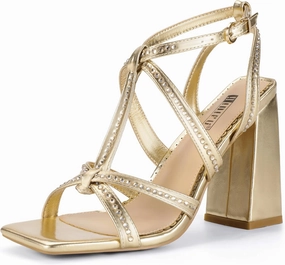 IDIFU IN4 Rhinestone Heels for Women Strappy High Chunky Block Heels Square Toe Slingback Dress Shoes Wedding Bridal Prom Party Heeled Sandals Dressy Sexy Sparkly Thick Heels