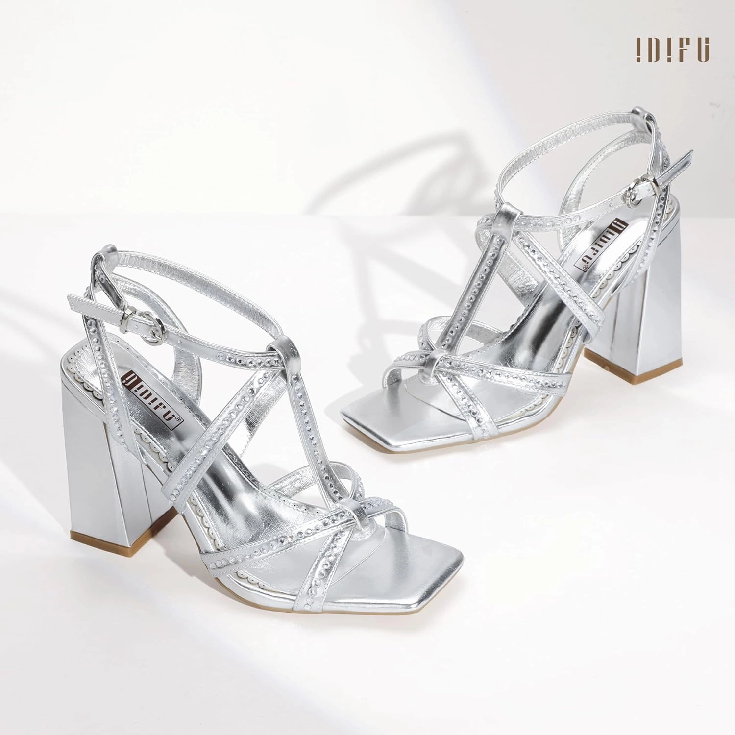 IDIFU IN4 Rhinestone Heels for Women Strappy High Chunky Block Heels Square Toe Slingback Dress Shoes Wedding Bridal Prom Party Heeled Sandals Dressy Sexy Sparkly Thick Heels