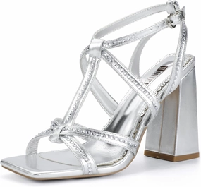 IDIFU IN4 Rhinestone Heels for Women Strappy High Chunky Block Heels Square Toe Slingback Dress Shoes Wedding Bridal Prom Party Heeled Sandals Dressy Sexy Sparkly Thick Heels
