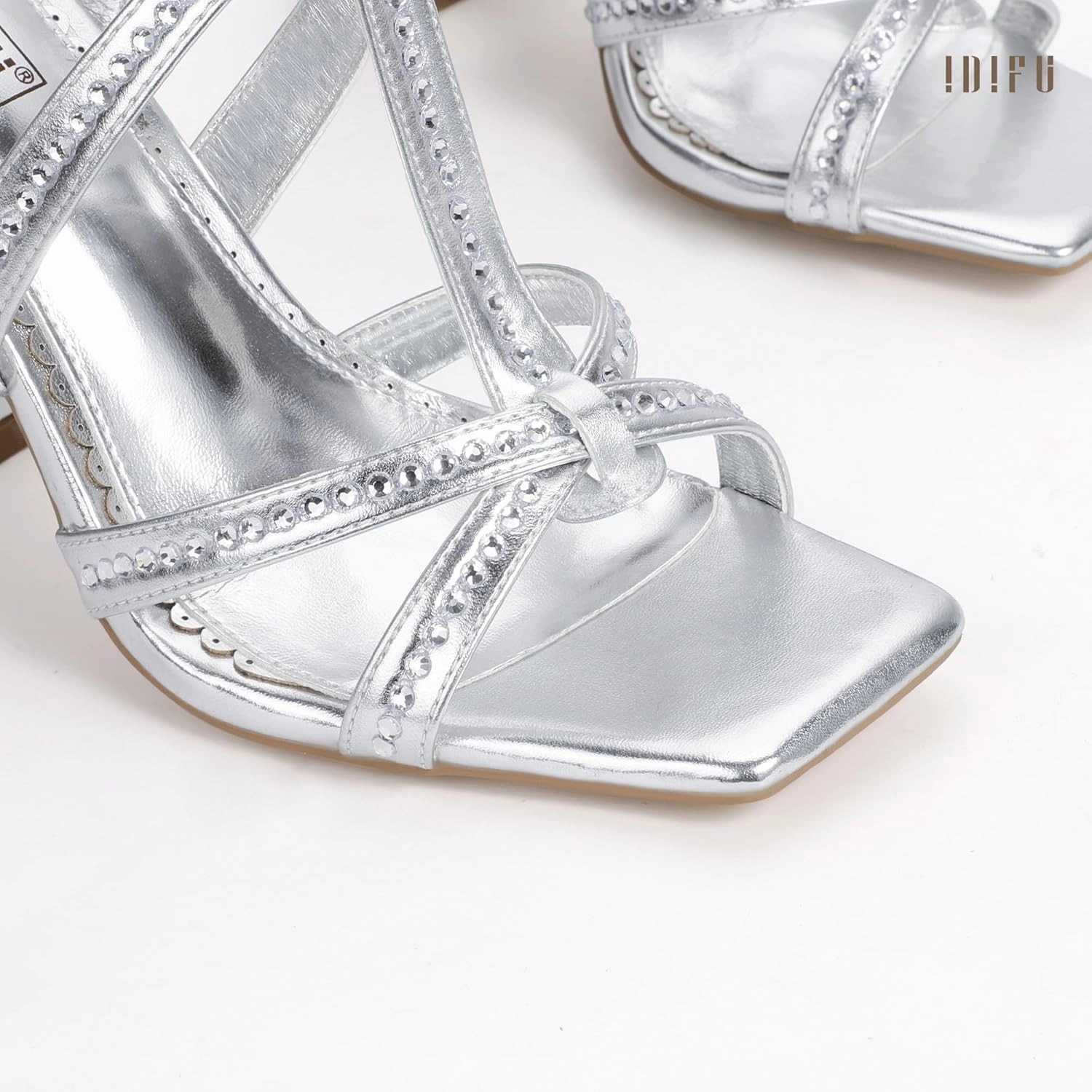 IDIFU IN4 Rhinestone Heels for Women Strappy High Chunky Block Heels Square Toe Slingback Dress Shoes Wedding Bridal Prom Party Heeled Sandals Dressy Sexy Sparkly Thick Heels