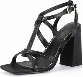 IDIFU IN4 Rhinestone Heels for Women Strappy High Chunky Block Heels Square Toe Slingback Dress Shoes Wedding Bridal Prom Party Heeled Sandals Dressy Sexy Sparkly Thick Heels