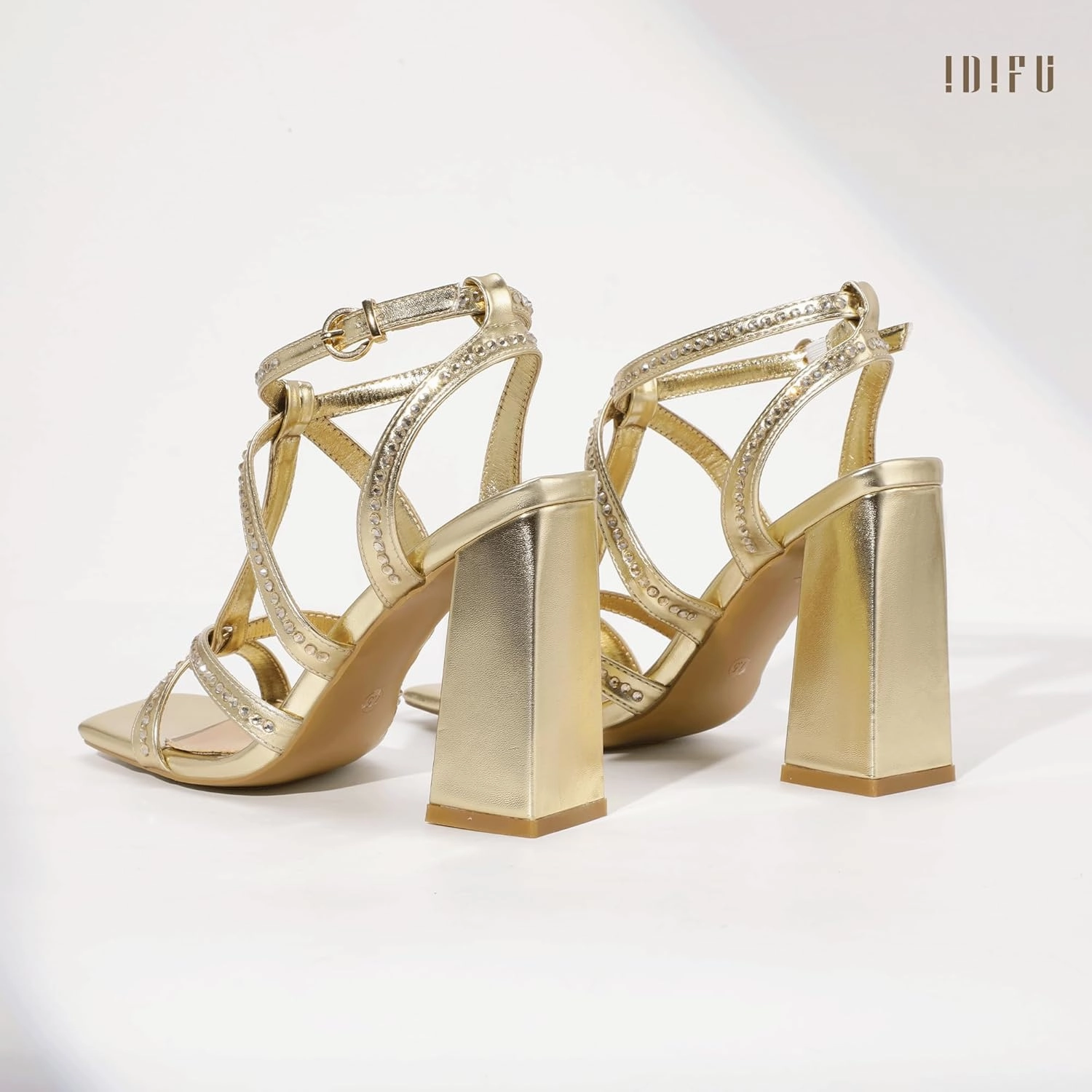 IDIFU IN4 Rhinestone Heels for Women Strappy High Chunky Block Heels Square Toe Slingback Dress Shoes Wedding Bridal Prom Party Heeled Sandals Dressy Sexy Sparkly Thick Heels