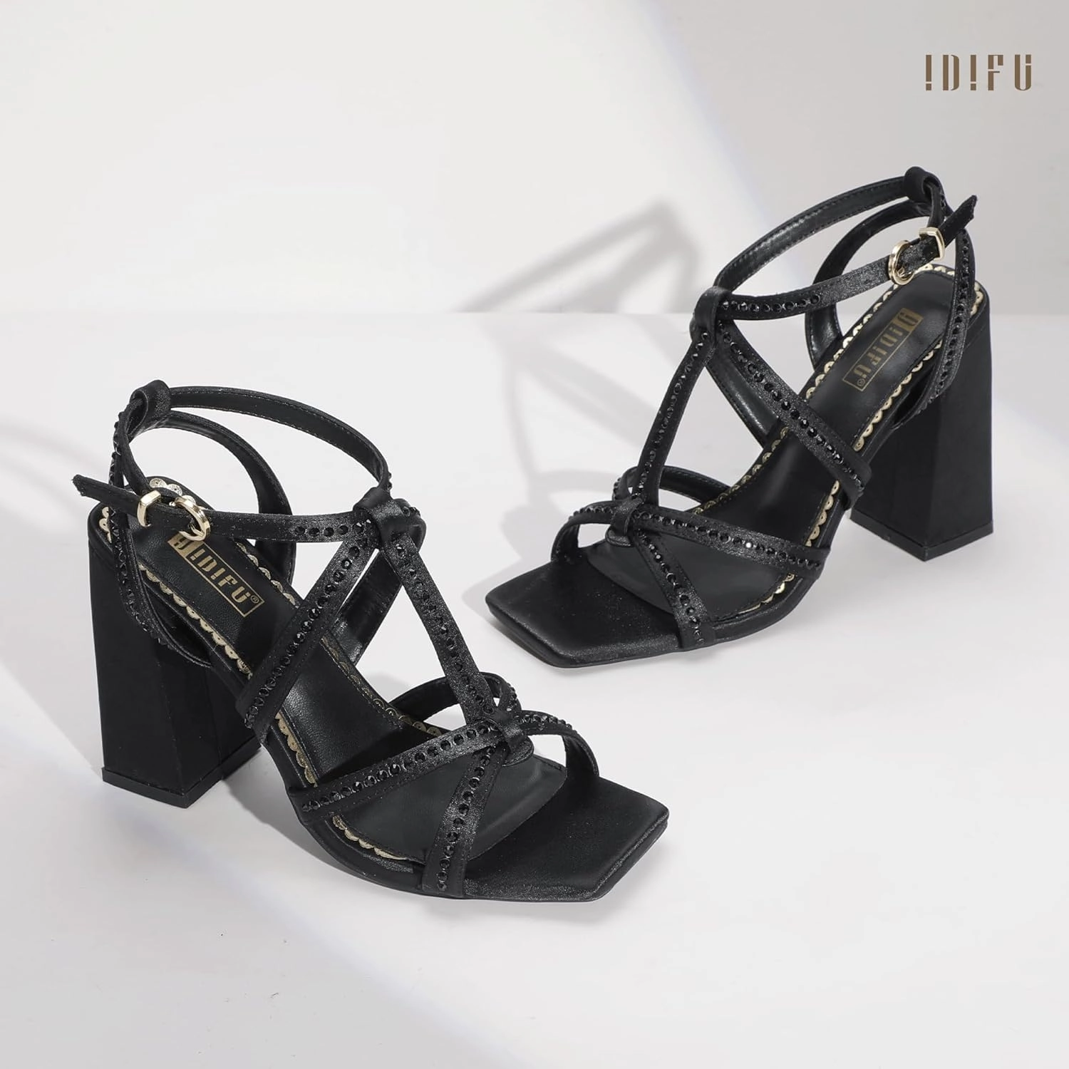 IDIFU IN4 Rhinestone Heels for Women Strappy High Chunky Block Heels Square Toe Slingback Dress Shoes Wedding Bridal Prom Party Heeled Sandals Dressy Sexy Sparkly Thick Heels
