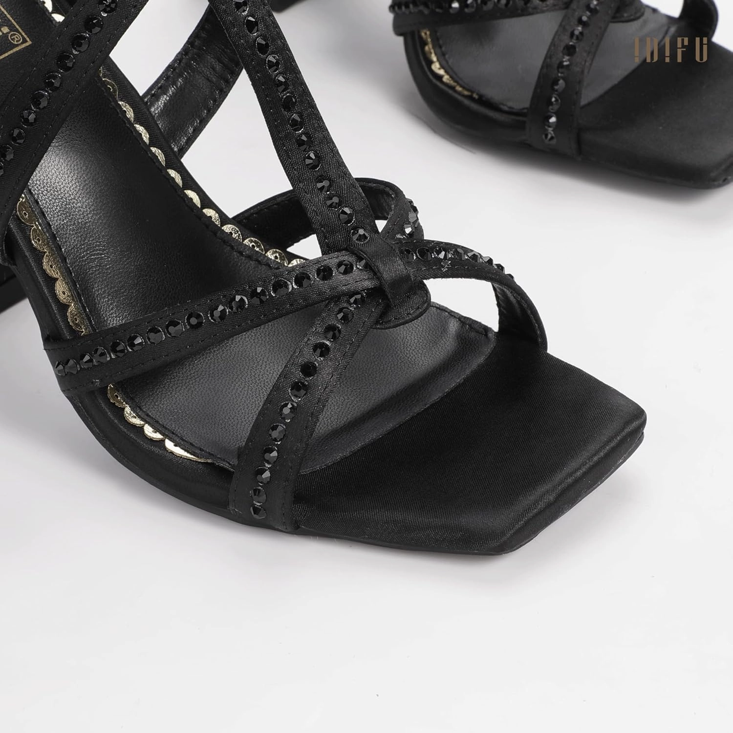 IDIFU IN4 Rhinestone Heels for Women Strappy High Chunky Block Heels Square Toe Slingback Dress Shoes Wedding Bridal Prom Party Heeled Sandals Dressy Sexy Sparkly Thick Heels