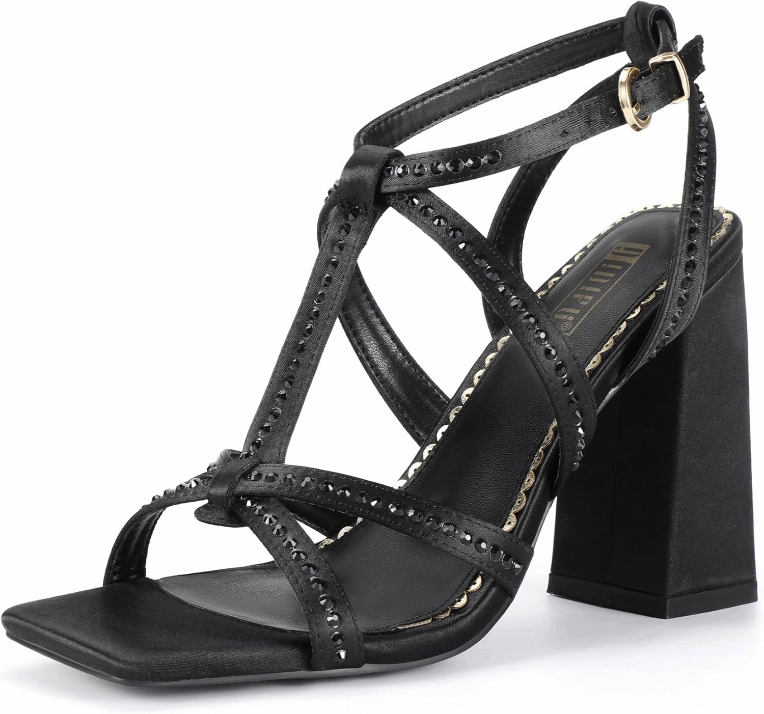 IDIFU IN4 Rhinestone Heels for Women Strappy High Chunky Block Heels Square Toe Slingback Dress Shoes Wedding Bridal Prom Party Heeled Sandals Dressy Sexy Sparkly Thick Heels