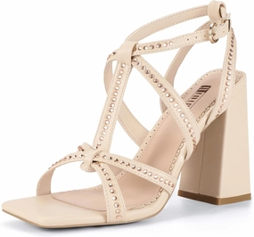 IDIFU IN4 Rhinestone Heels for Women Strappy High Chunky Block Heels Square Toe Slingback Dress Shoes Wedding Bridal Prom Party Heeled Sandals Dressy Sexy Sparkly Thick Heels