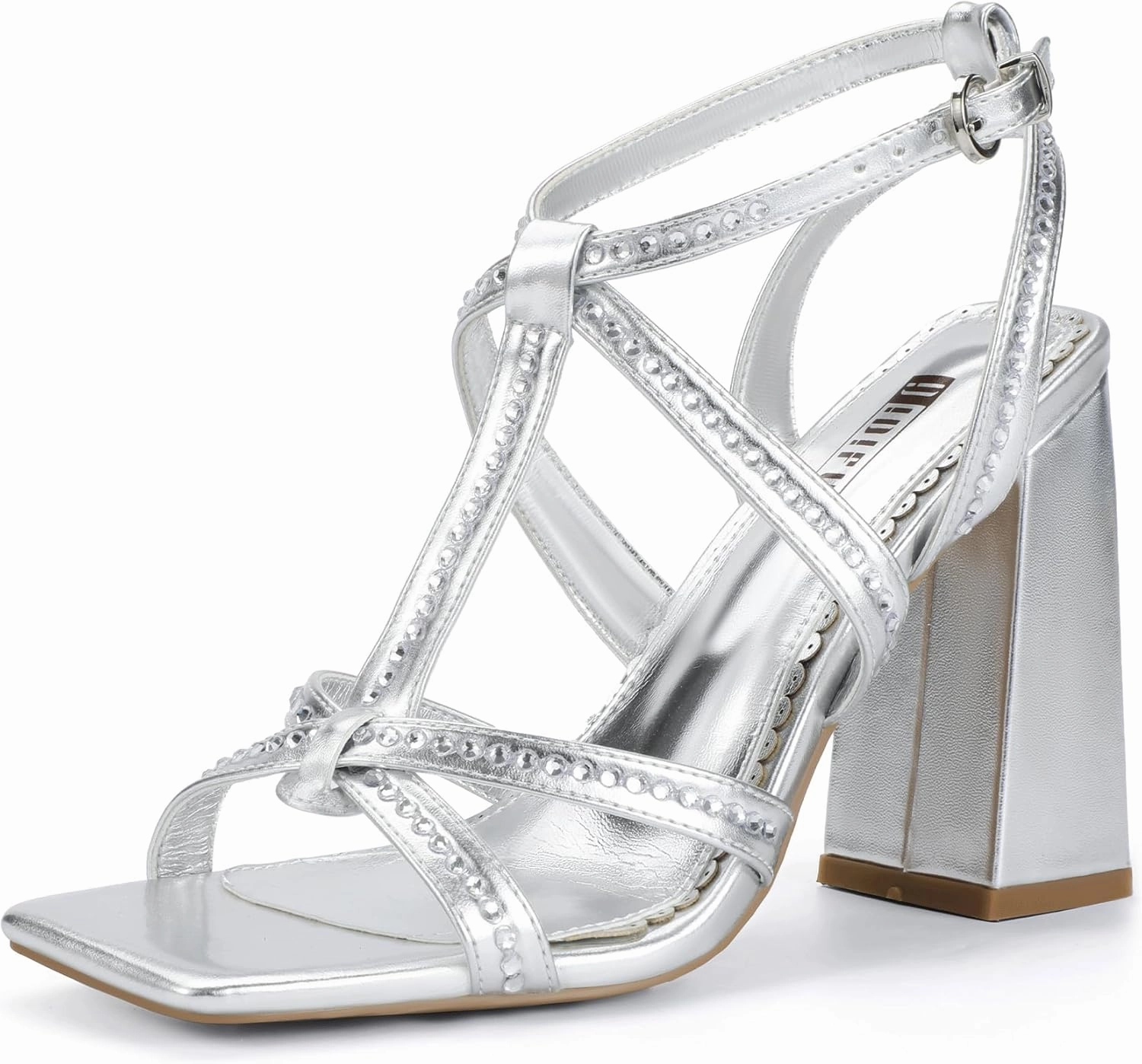 IDIFU IN4 Rhinestone Heels for Women Strappy High Chunky Block Heels Square Toe Slingback Dress Shoes Wedding Bridal Prom Party Heeled Sandals Dressy Sexy Sparkly Thick Heels