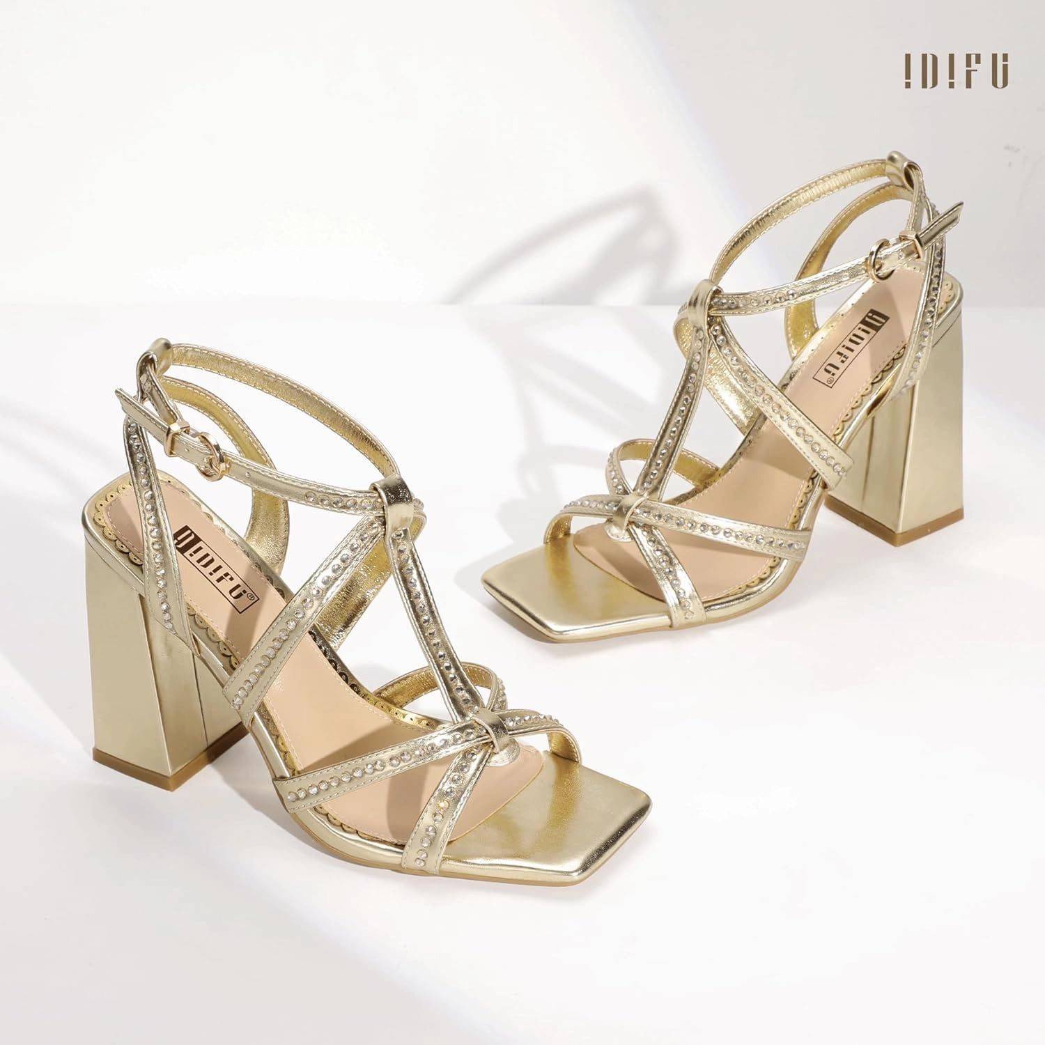 IDIFU IN4 Rhinestone Heels for Women Strappy High Chunky Block Heels Square Toe Slingback Dress Shoes Wedding Bridal Prom Party Heeled Sandals Dressy Sexy Sparkly Thick Heels