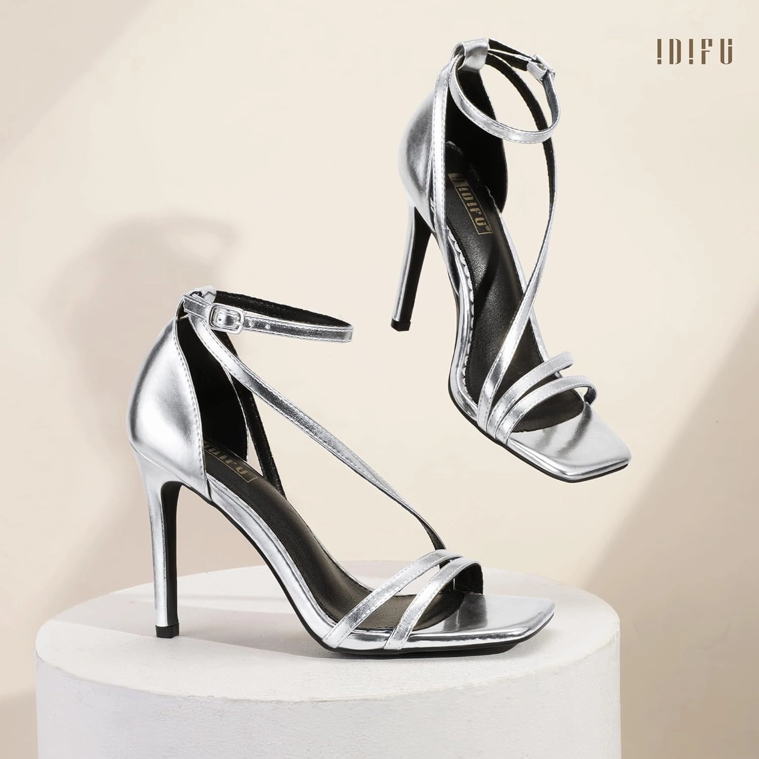IDIFU IN4 Strappy Heels for Women Sexy High Stiletto Square Open Toe Heels Dress Shoes for Women Dressy Wedding Prom Bridal Bridesmaid Shoes Ankle Strap Heeled Sandals Comfortable Cute Trendy Heels