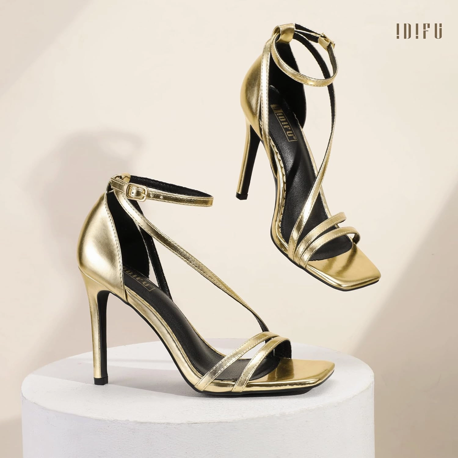IDIFU IN4 Strappy Heels for Women Sexy High Stiletto Square Open Toe Heels Dress Shoes for Women Dressy Wedding Prom Bridal Bridesmaid Shoes Ankle Strap Heeled Sandals Comfortable Cute Trendy Heels
