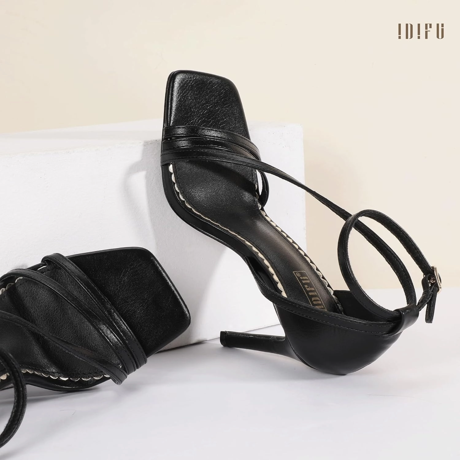 IDIFU IN4 Strappy Heels for Women Sexy High Stiletto Square Open Toe Heels Dress Shoes for Women Dressy Wedding Prom Bridal Bridesmaid Shoes Ankle Strap Heeled Sandals Comfortable Cute Trendy Heels