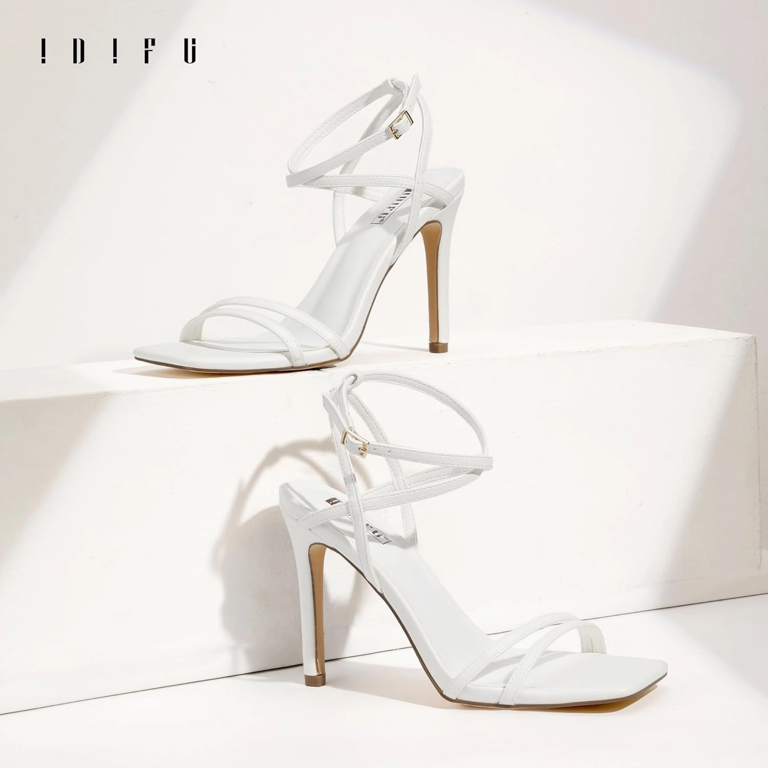 IDIFU IN4 Strappy Heels Stiletto High Heel Square Open Toe Slingback Dress Shoes for Women Adjustable Ankle Strap Heeled Sandals Wedding Prom Bridal Dressy Fashion Trendy Comfortable Skinny Heels