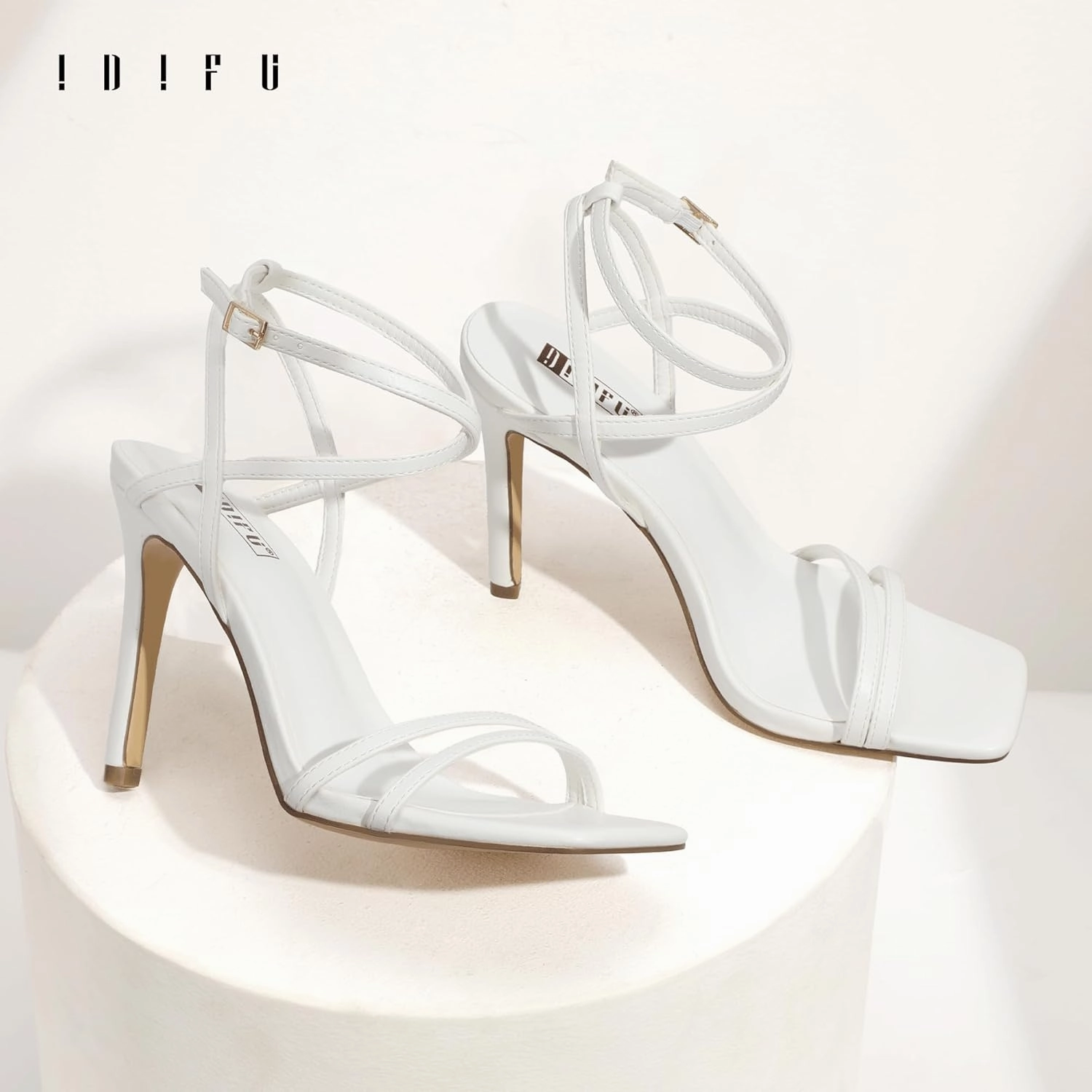 IDIFU IN4 Strappy Heels Stiletto High Heel Square Open Toe Slingback Dress Shoes for Women Adjustable Ankle Strap Heeled Sandals Wedding Prom Bridal Dressy Fashion Trendy Comfortable Skinny Heels