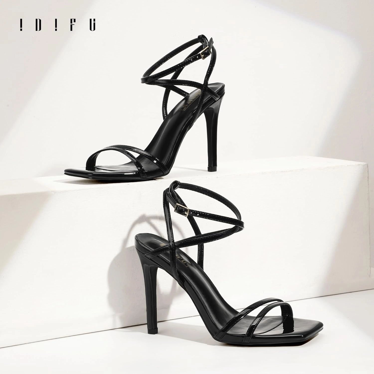 IDIFU IN4 Strappy Heels Stiletto High Heel Square Open Toe Slingback Dress Shoes for Women Adjustable Ankle Strap Heeled Sandals Wedding Prom Bridal Dressy Fashion Trendy Comfortable Skinny Heels