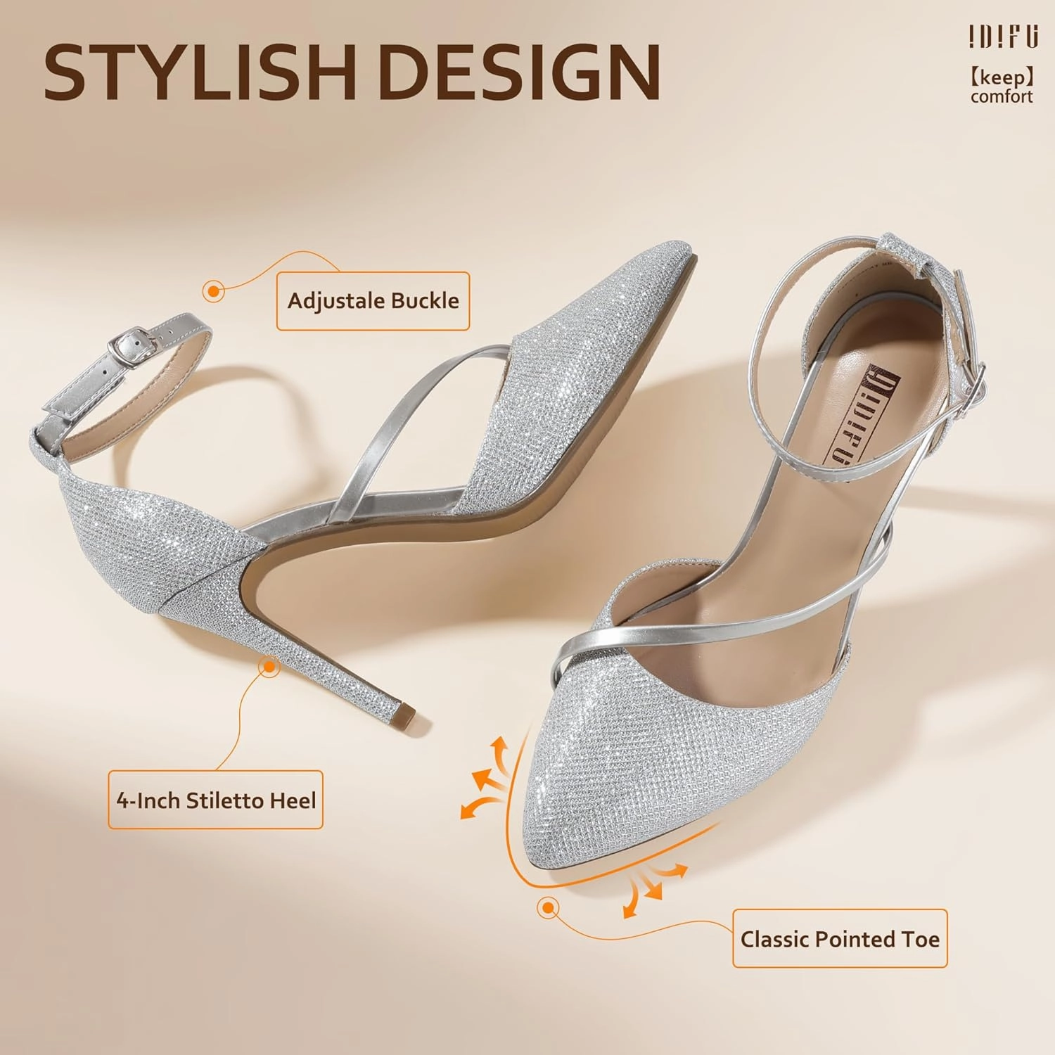 IDIFU IN4 Women's Pumps Closed Toe Heels Stiletto High Heels Dress Shoes for Women Wedding Prom Dressy Party Bridal Shoes Trendy Strappy Pointed Toe Ankle Strap Heels Pumps