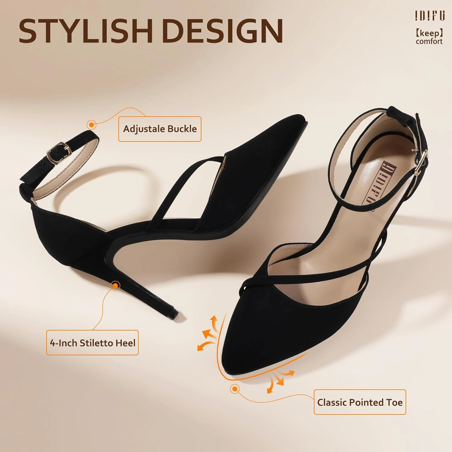 IDIFU IN4 Women's Pumps Closed Toe Heels Stiletto High Heels Dress Shoes for Women Wedding Prom Dressy Party Bridal Shoes Trendy Strappy Pointed Toe Ankle Strap Heels Pumps