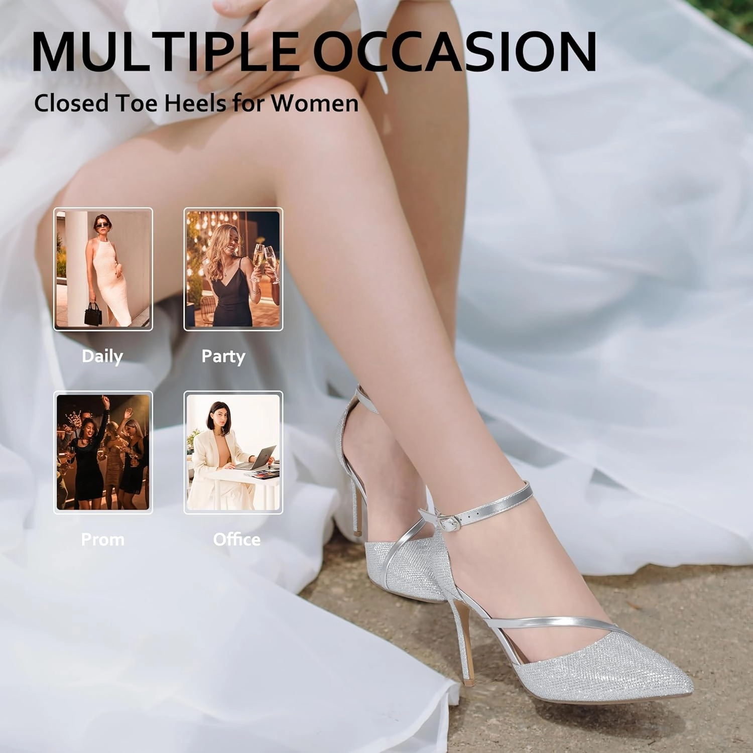 IDIFU IN4 Women's Pumps Closed Toe Heels Stiletto High Heels Dress Shoes for Women Wedding Prom Dressy Party Bridal Shoes Trendy Strappy Pointed Toe Ankle Strap Heels Pumps
