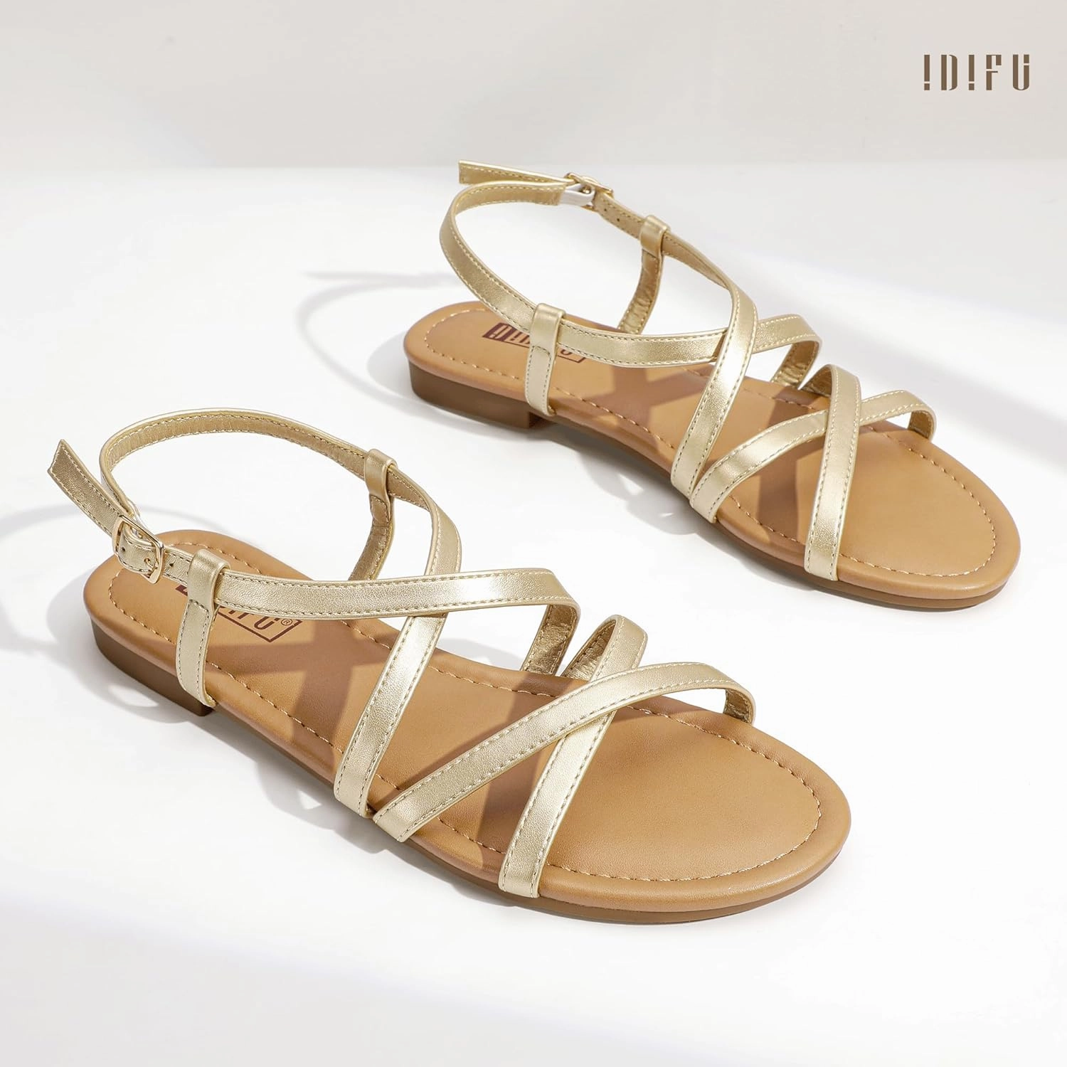 IDIFU Strappy Sandals for Women Open Toe Slingback Ankle Strap Flat Sandals Summer Beach Wedding Bridal Prom Party Work Office Dress Sandals Comfortable Trendy Casual Dressy Sandals