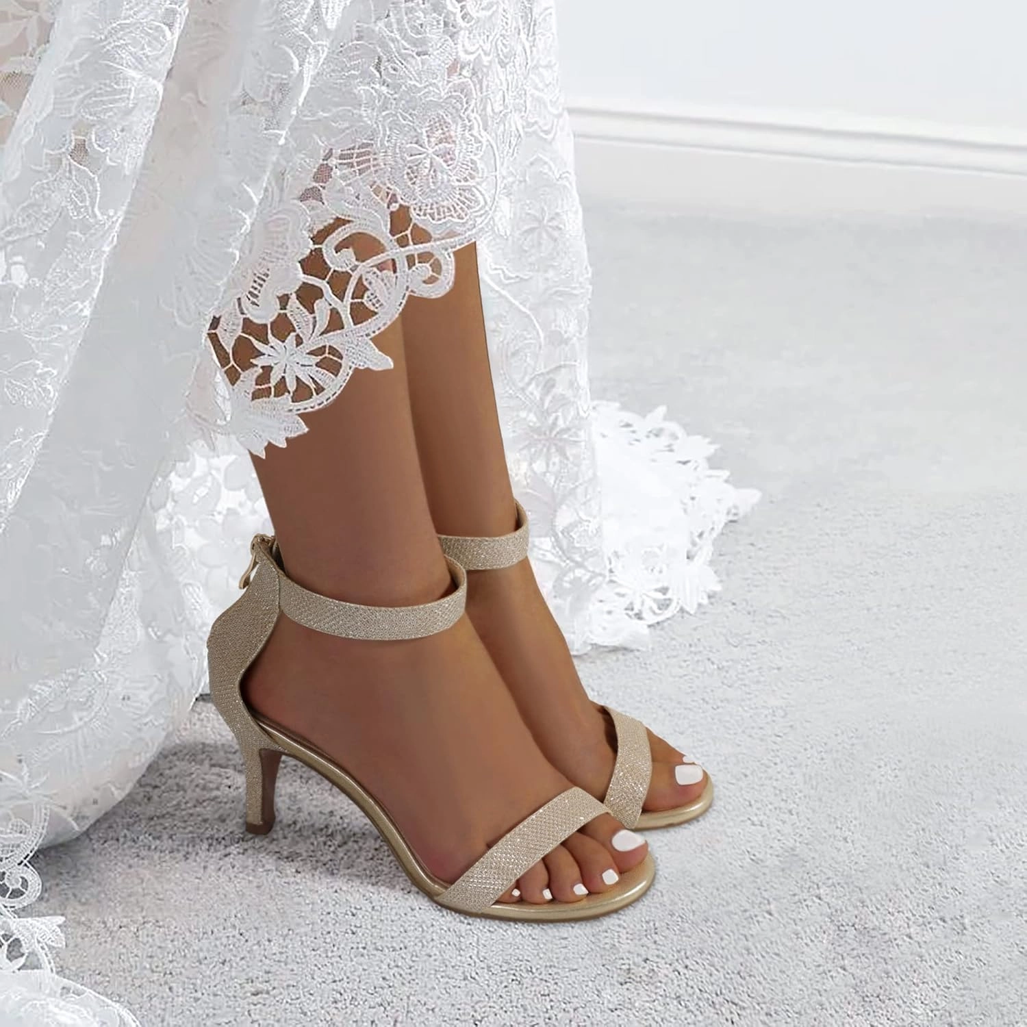 IDIFU Women's 3 Inch Kitten Heels - Dressy Open Toe Heels Ankle Strap Heeled Sandals for Bride Wedding Bridal Shoes On Evening Prom
