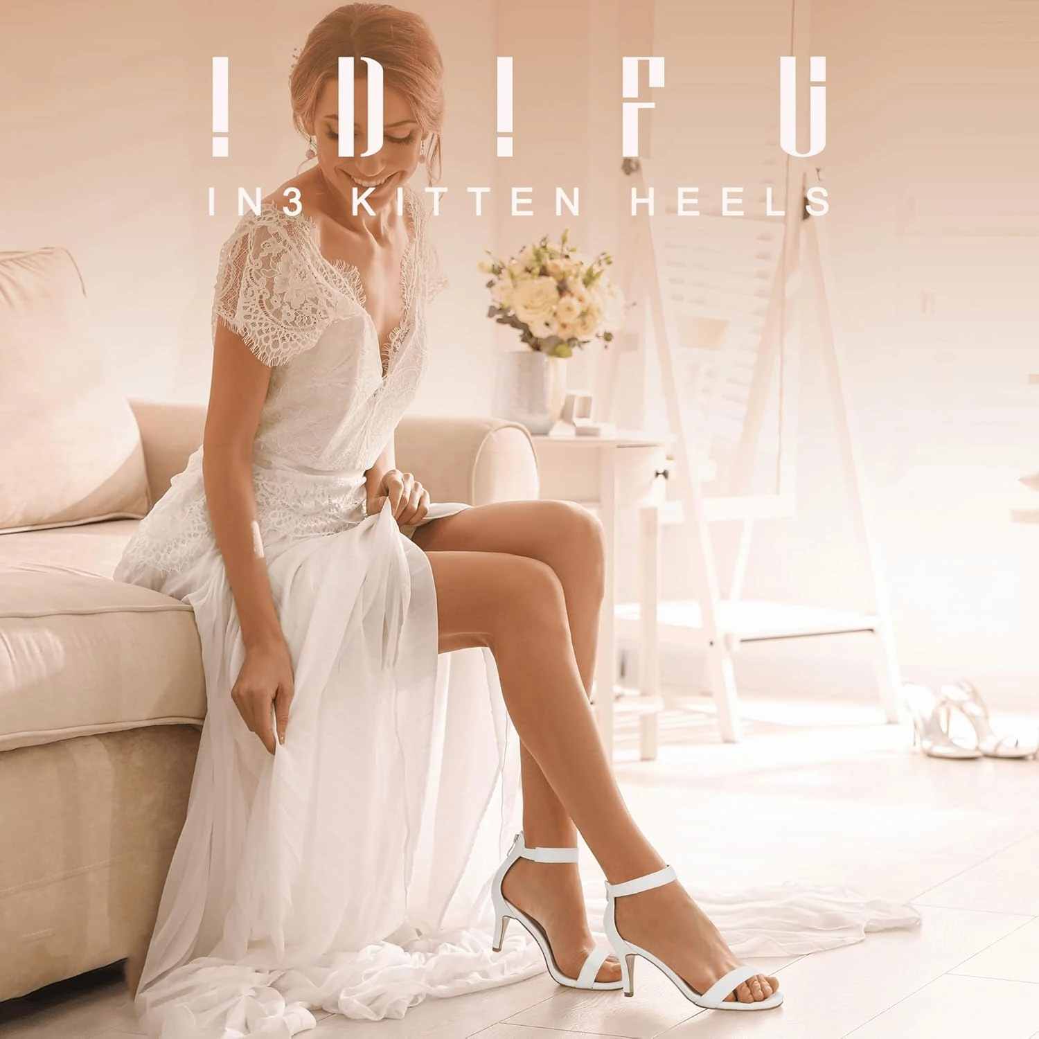 IDIFU Women's 3 Inch Kitten Heels - Dressy Open Toe Heels Ankle Strap Heeled Sandals for Bride Wedding Bridal Shoes On Evening Prom
