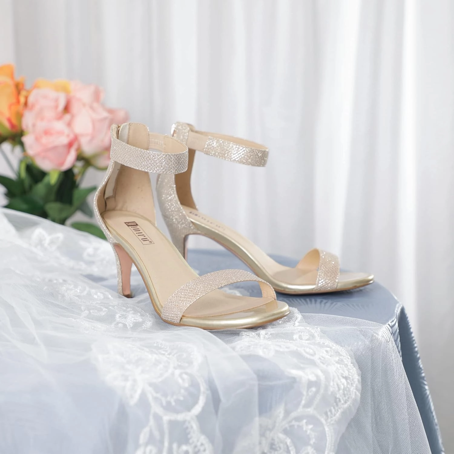 IDIFU Women's 3 Inch Kitten Heels - Dressy Open Toe Heels Ankle Strap Heeled Sandals for Bride Wedding Bridal Shoes On Evening Prom