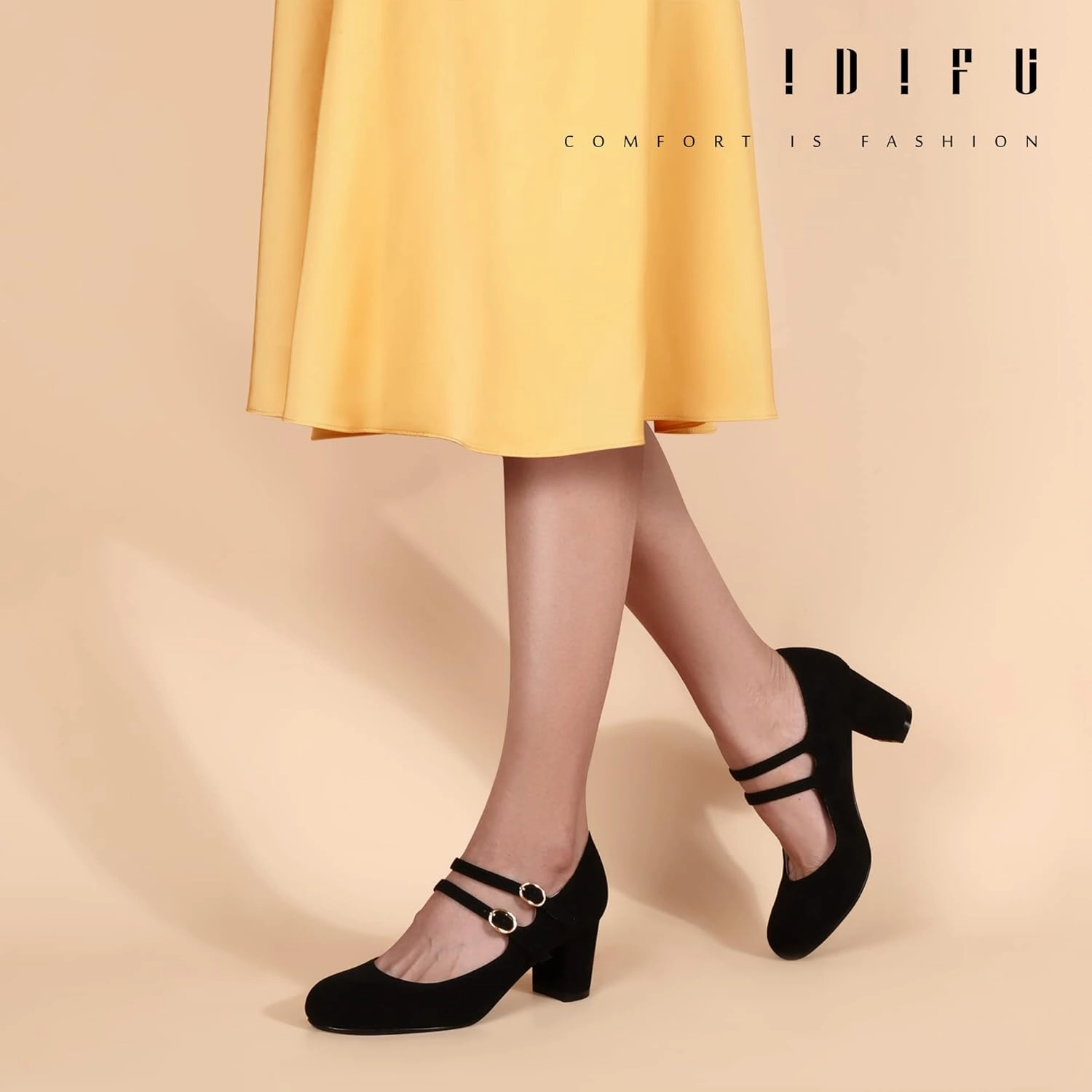 IDIFU Women's Dress Shoes for Women Pumps Mary Jane Heels Low Block Round Closed Toe Wedding Office Work