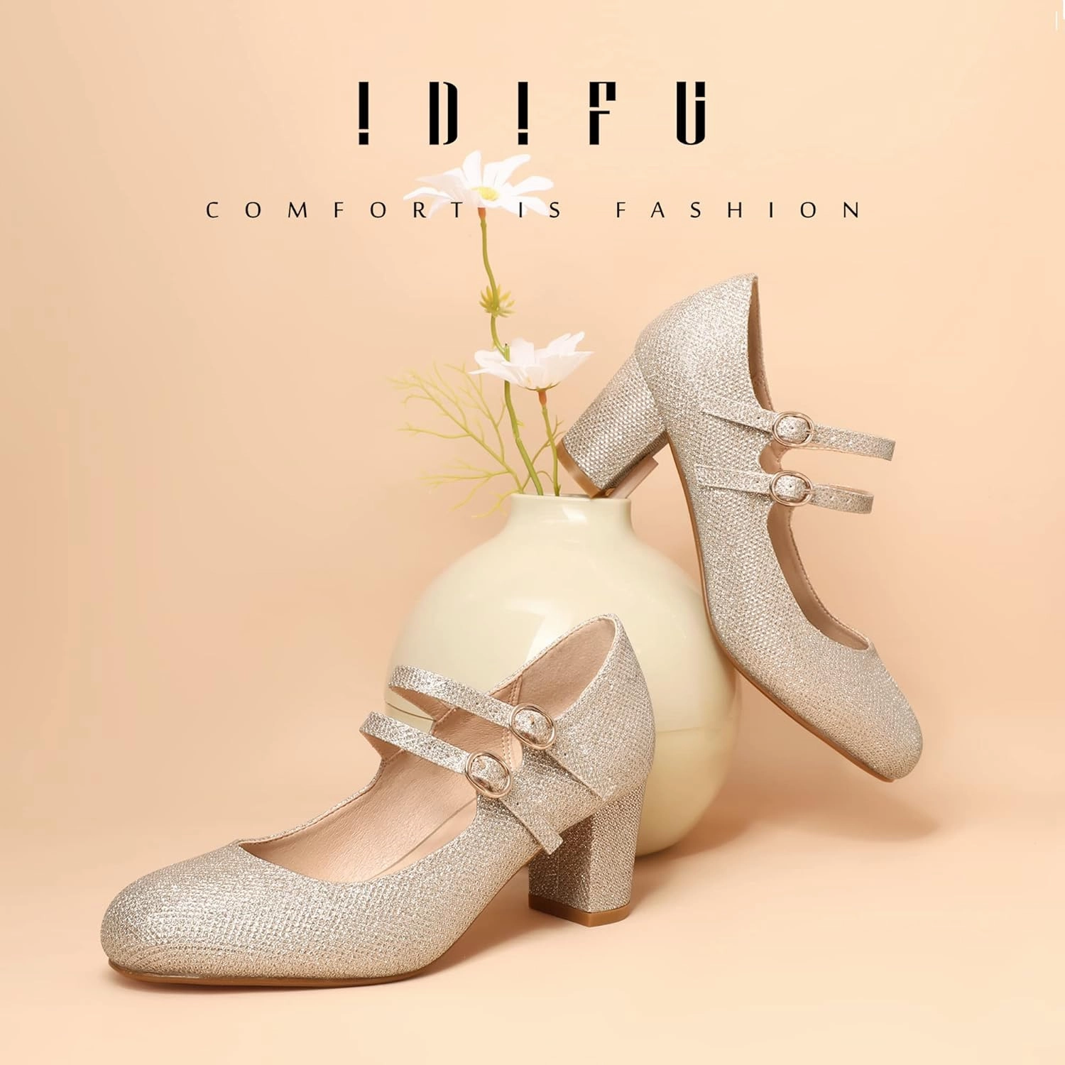 IDIFU Women's Dress Shoes for Women Pumps Mary Jane Heels Low Block Round Closed Toe Wedding Office Work
