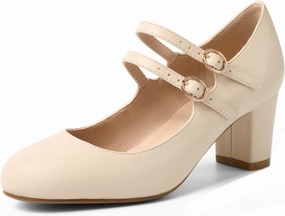 IDIFU Women's Dress Shoes for Women Pumps Mary Jane Heels Low Block Round Closed Toe Wedding Office Work