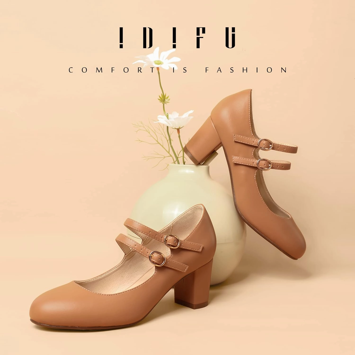 IDIFU Women's Dress Shoes for Women Pumps Mary Jane Heels Low Block Round Closed Toe Wedding Office Work