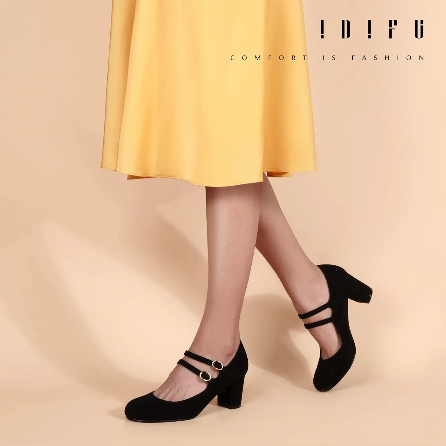 IDIFU Women's Dress Shoes for Women Pumps Mary Jane Heels Low Block Round Closed Toe Wedding Office Work