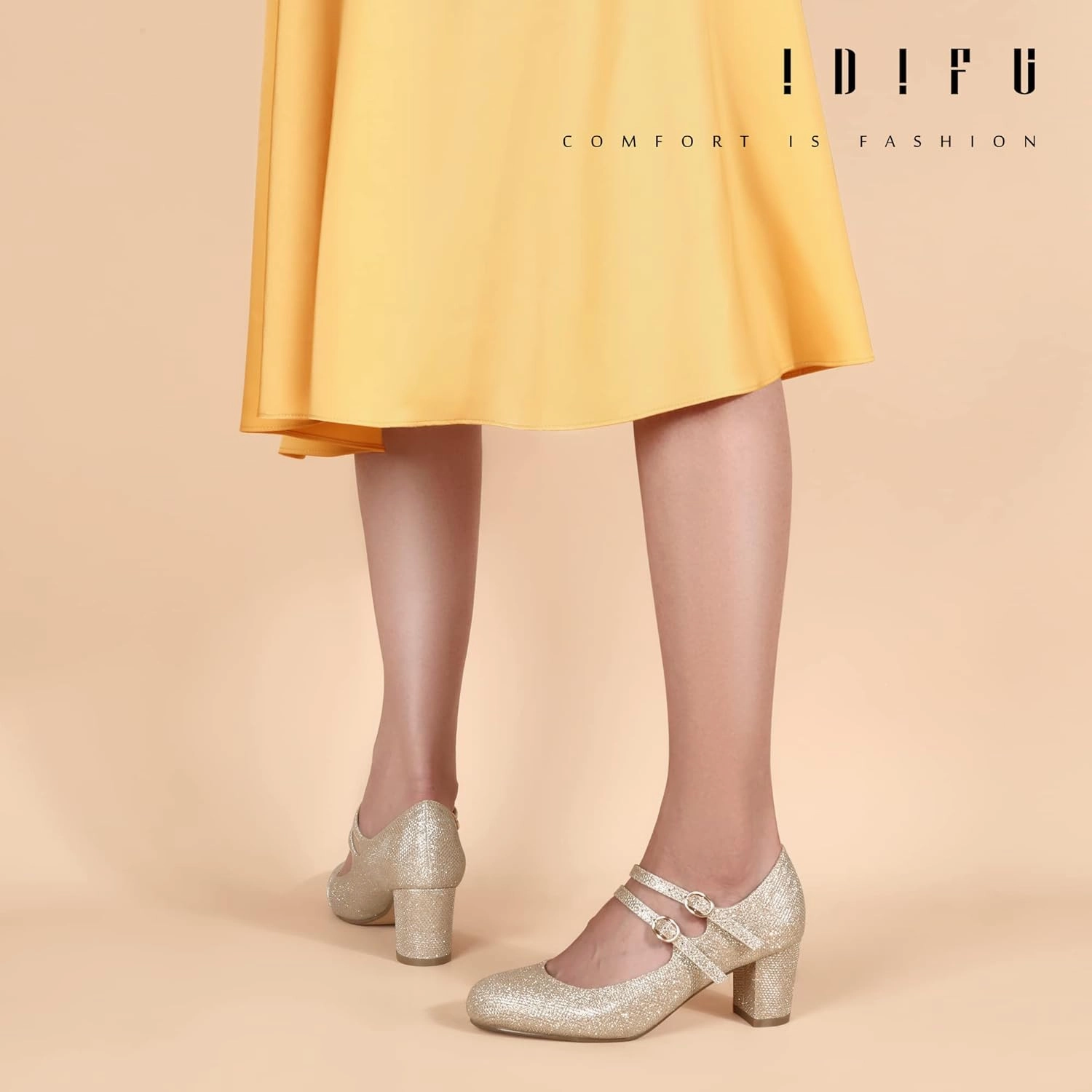 IDIFU Women's Dress Shoes for Women Pumps Mary Jane Heels Low Block Round Closed Toe Wedding Office Work